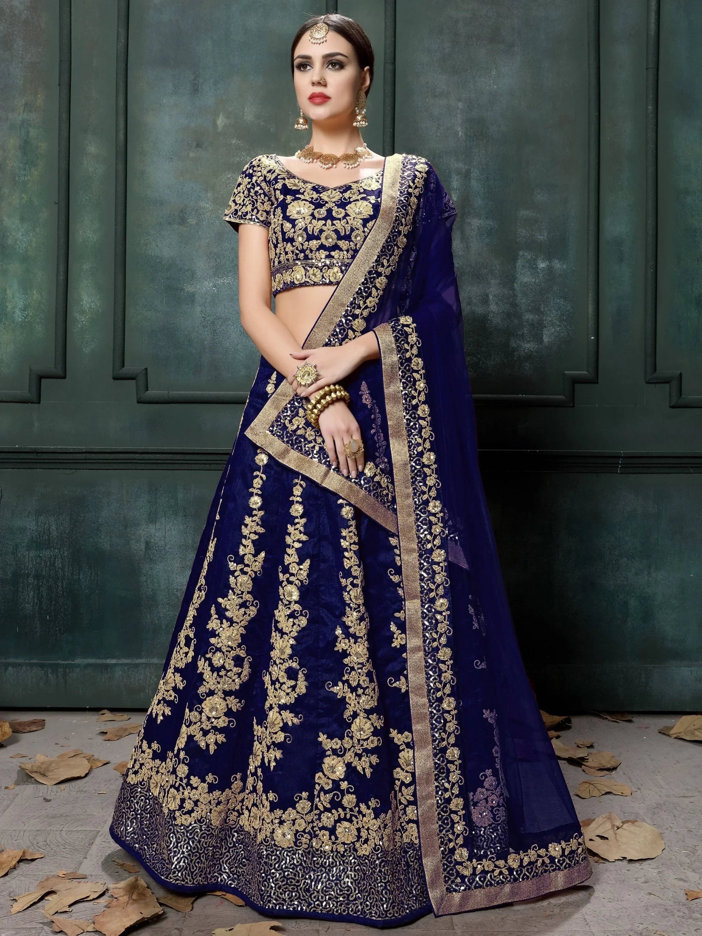 Navy & Toned Embroidered Semi-Stitched Myntra Lehenga & Unstitched Blouse with Dupatta