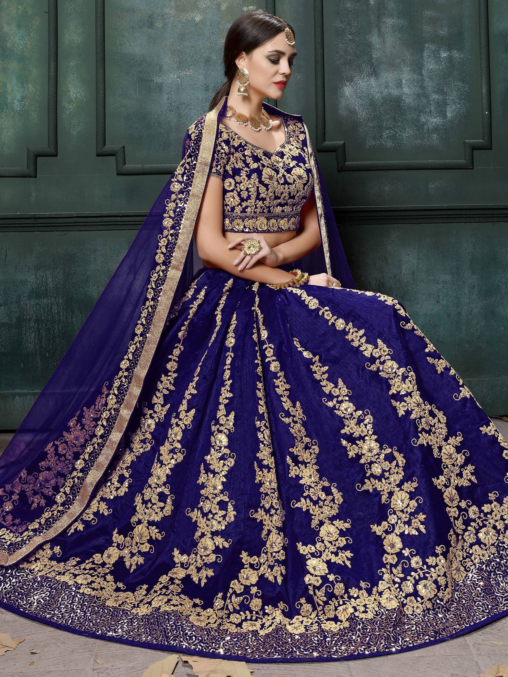 Navy & Toned Embroidered Semi-Stitched Myntra Lehenga & Unstitched Blouse with Dupatta