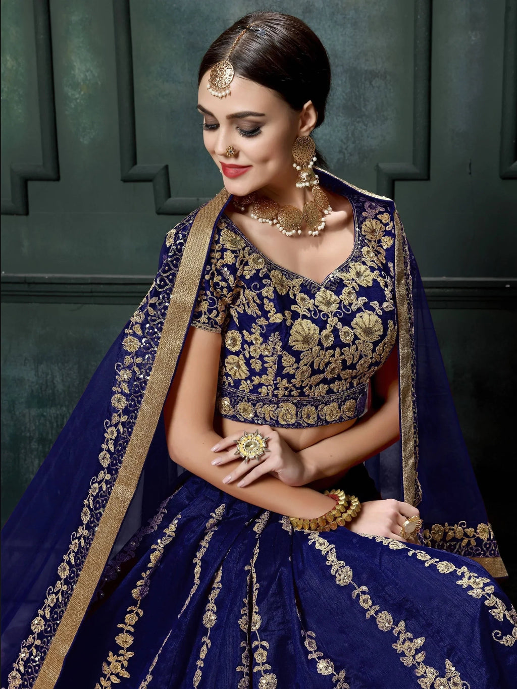 Navy & Toned Embroidered Semi-Stitched Myntra Lehenga & Unstitched Blouse with Dupatta