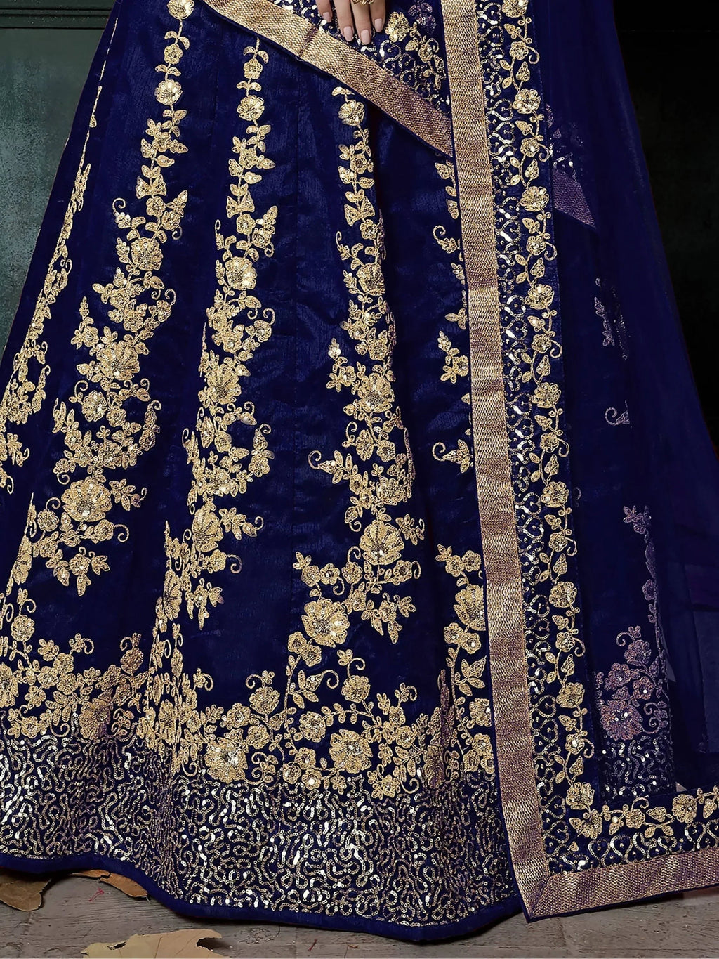 Navy & Toned Embroidered Semi-Stitched Myntra Lehenga & Unstitched Blouse with Dupatta