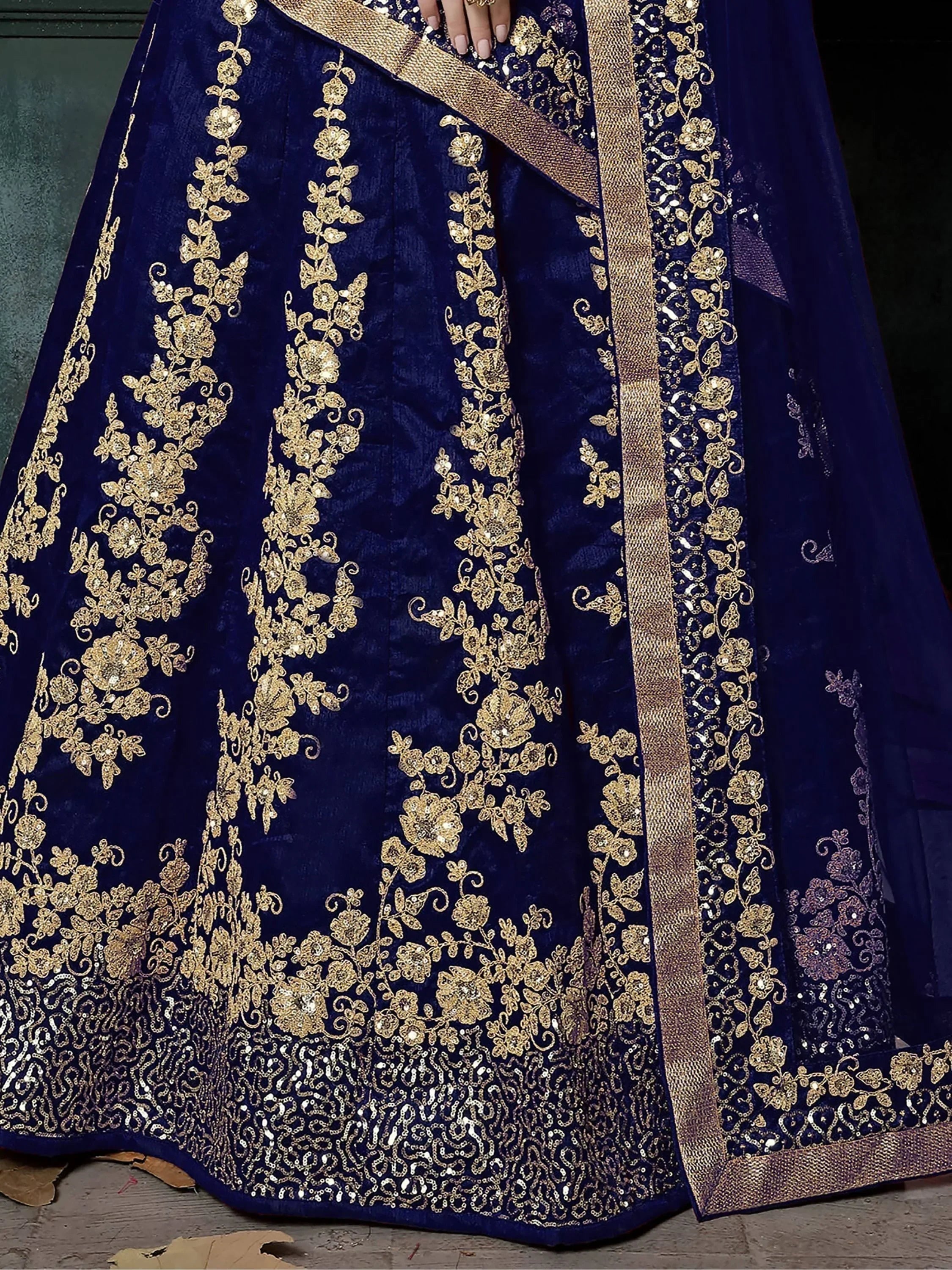 Navy & Toned Embroidered Semi-Stitched Myntra Lehenga & Unstitched Blouse with Dupatta