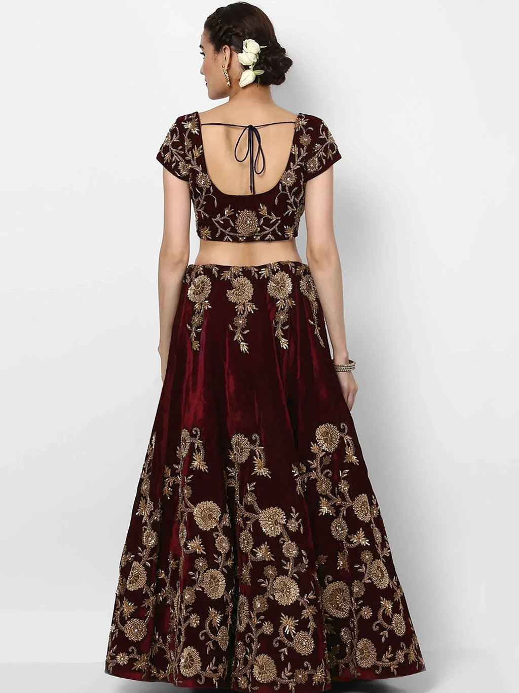 Maroon & Golden Semi-Stitched Myntra Party Wear Lehenga & Unstitched Blouse with Dupatta