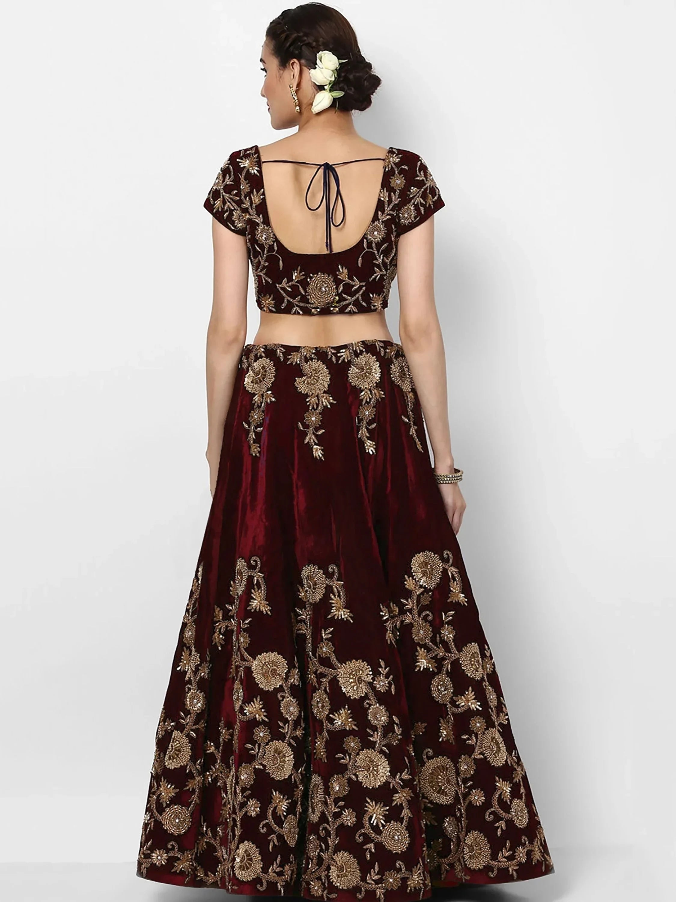 Maroon & Golden Semi-Stitched Myntra Party Wear Lehenga & Unstitched Blouse with Dupatta