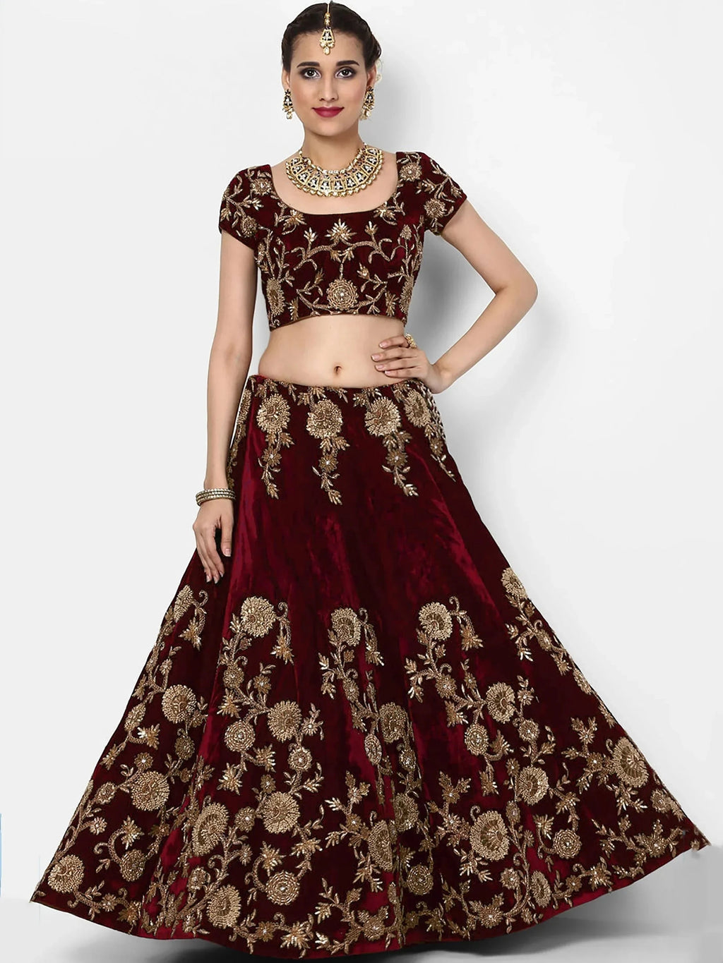 Maroon & Golden Semi-Stitched Myntra Party Wear Lehenga & Unstitched Blouse with Dupatta