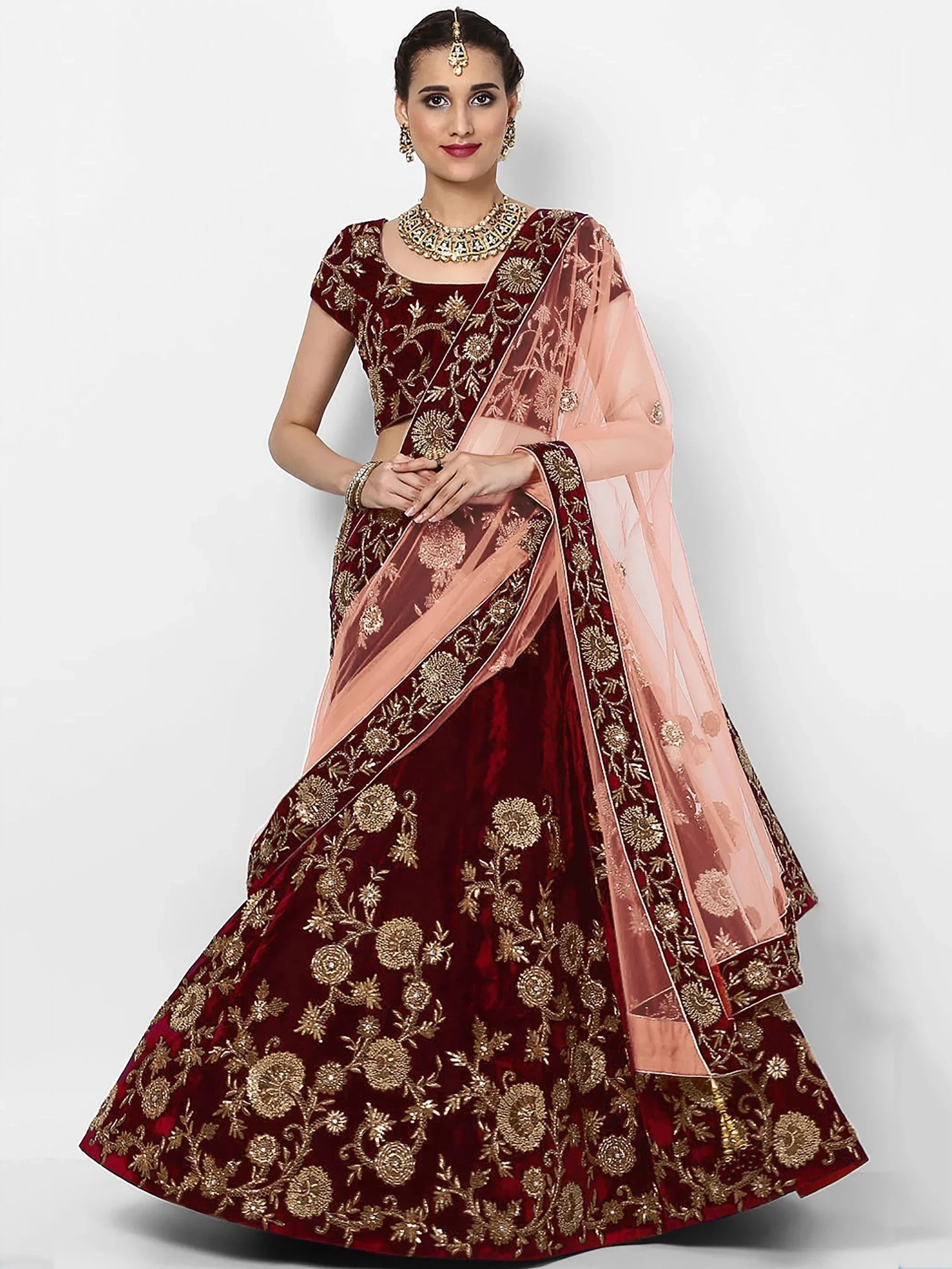 Maroon & Golden Semi-Stitched Myntra Party Wear Lehenga & Unstitched Blouse with Dupatta