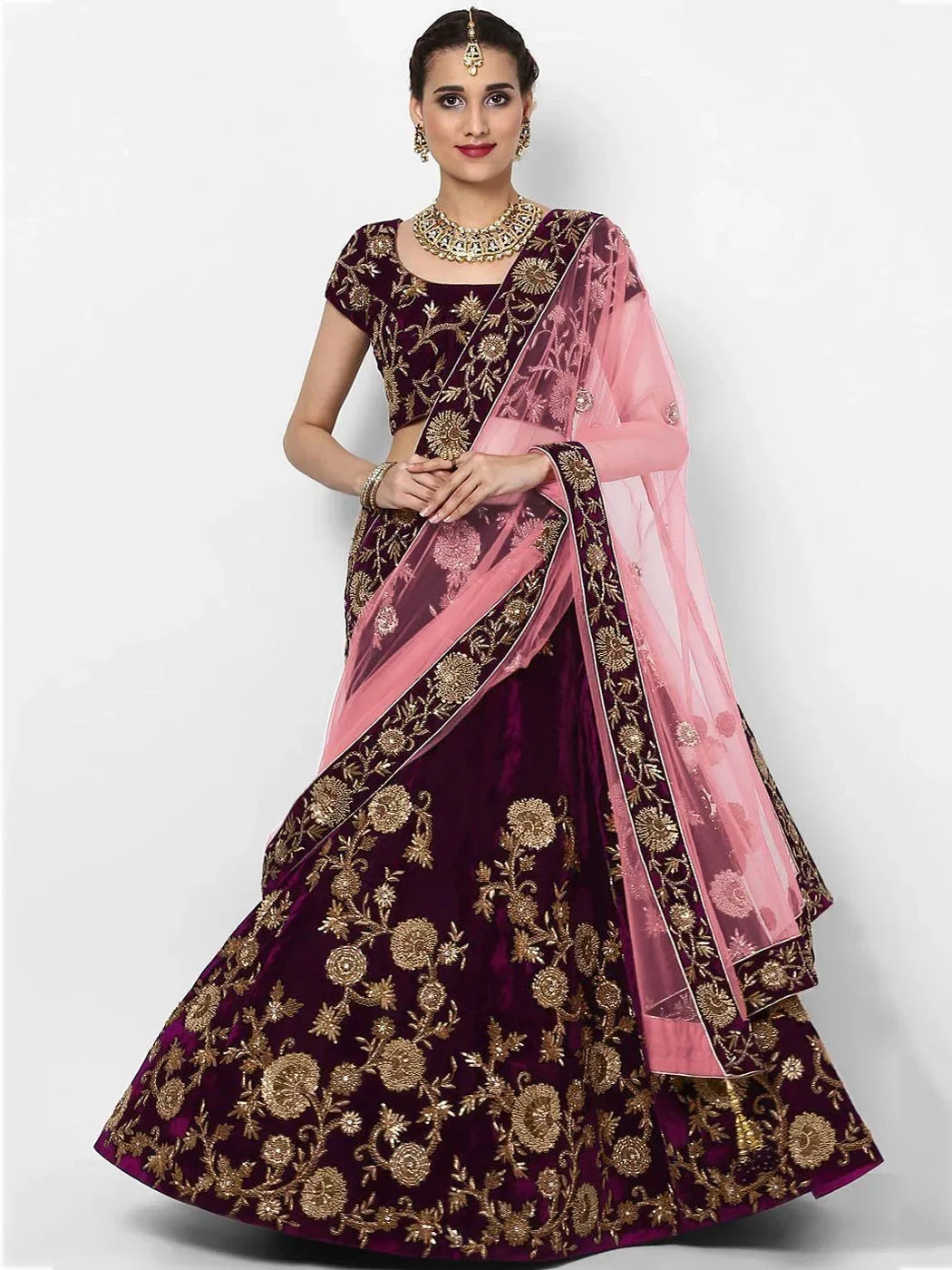 Baby Pink & Golden Semi-Stitched Myntra Party Wear Lehenga & Unstitched Blouse with Dupatta
