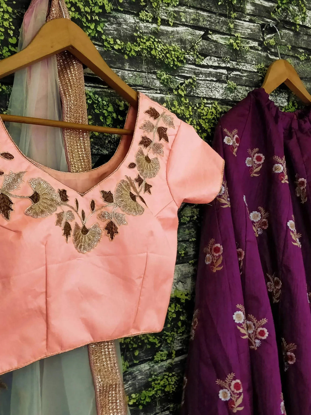 Purple & Coloured Embroidered Semi-Stitched Myntra Lehenga & Unstitched Blouse with Dupatta