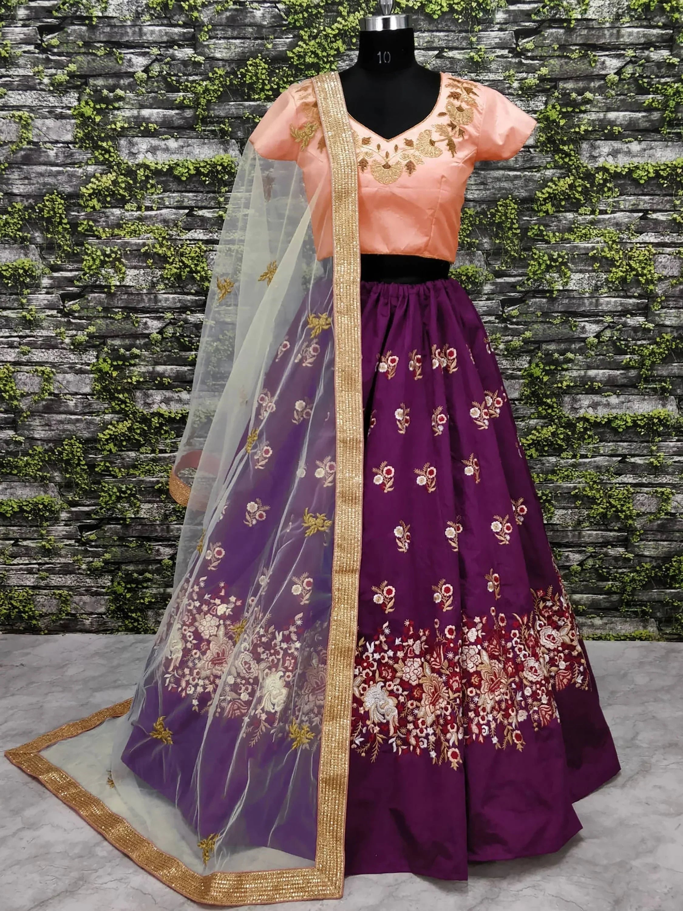 Purple & Coloured Embroidered Semi-Stitched Myntra Lehenga & Unstitched Blouse with Dupatta