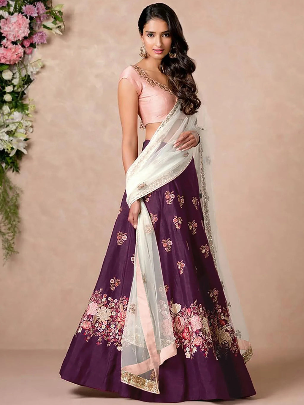 Purple & Coloured Embroidered Semi-Stitched Myntra Lehenga & Unstitched Blouse with Dupatta