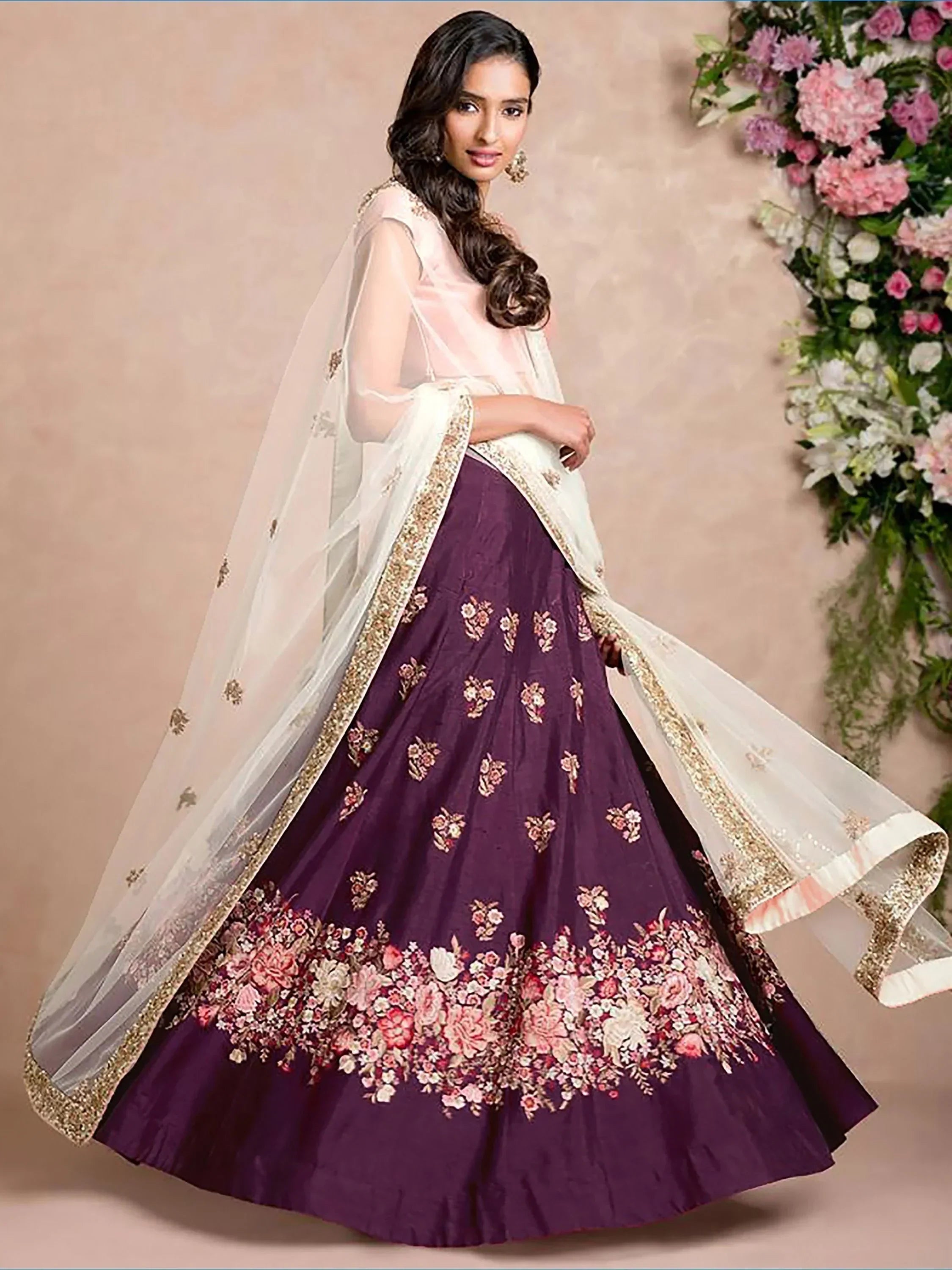 Purple & Coloured Embroidered Semi-Stitched Myntra Lehenga & Unstitched Blouse with Dupatta