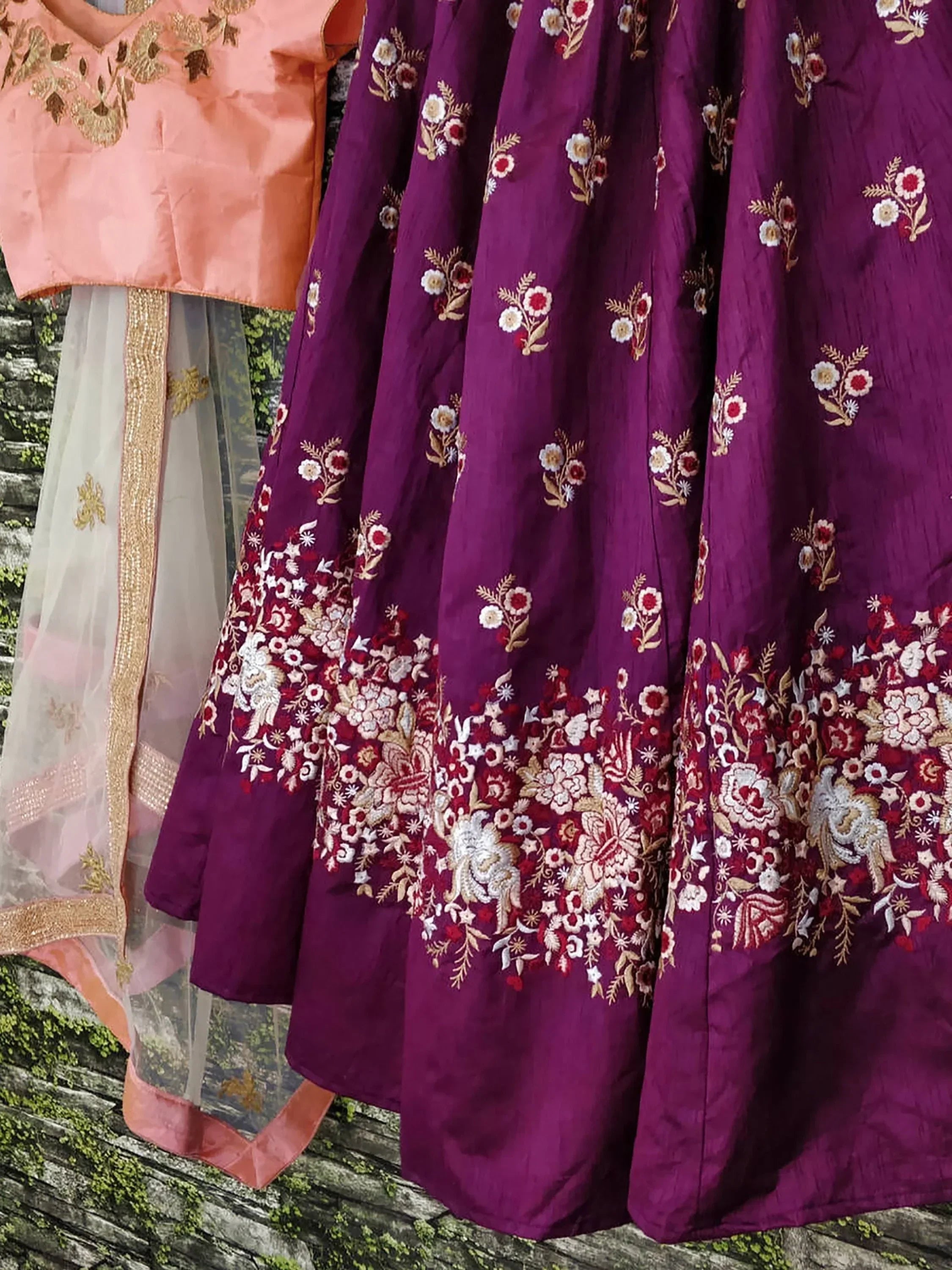 Purple & Coloured Embroidered Semi-Stitched Myntra Lehenga & Unstitched Blouse with Dupatta
