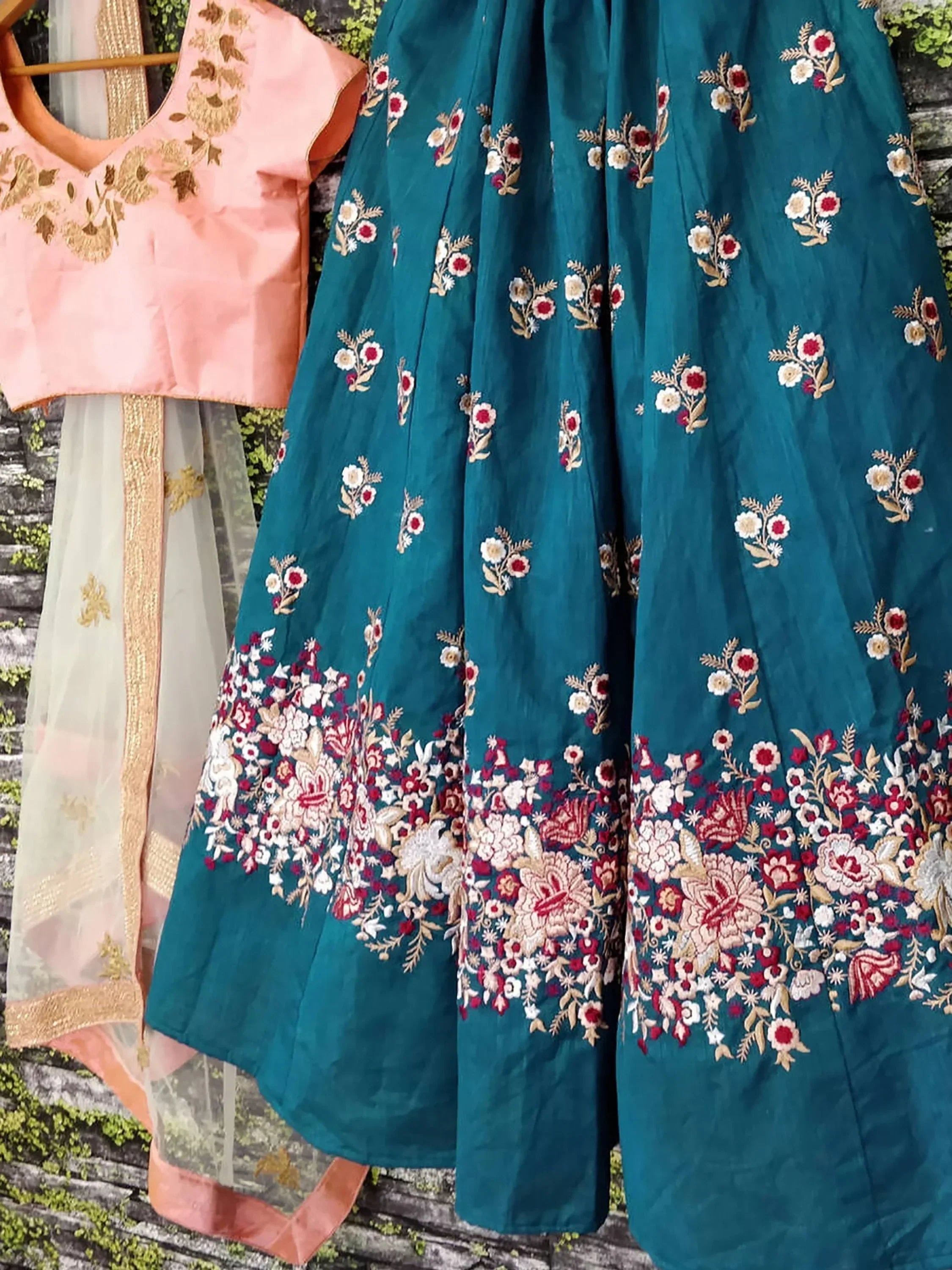 Teal & Coloured Embroidered Semi-Stitched Myntra Lehenga & Unstitched Blouse with Dupatta