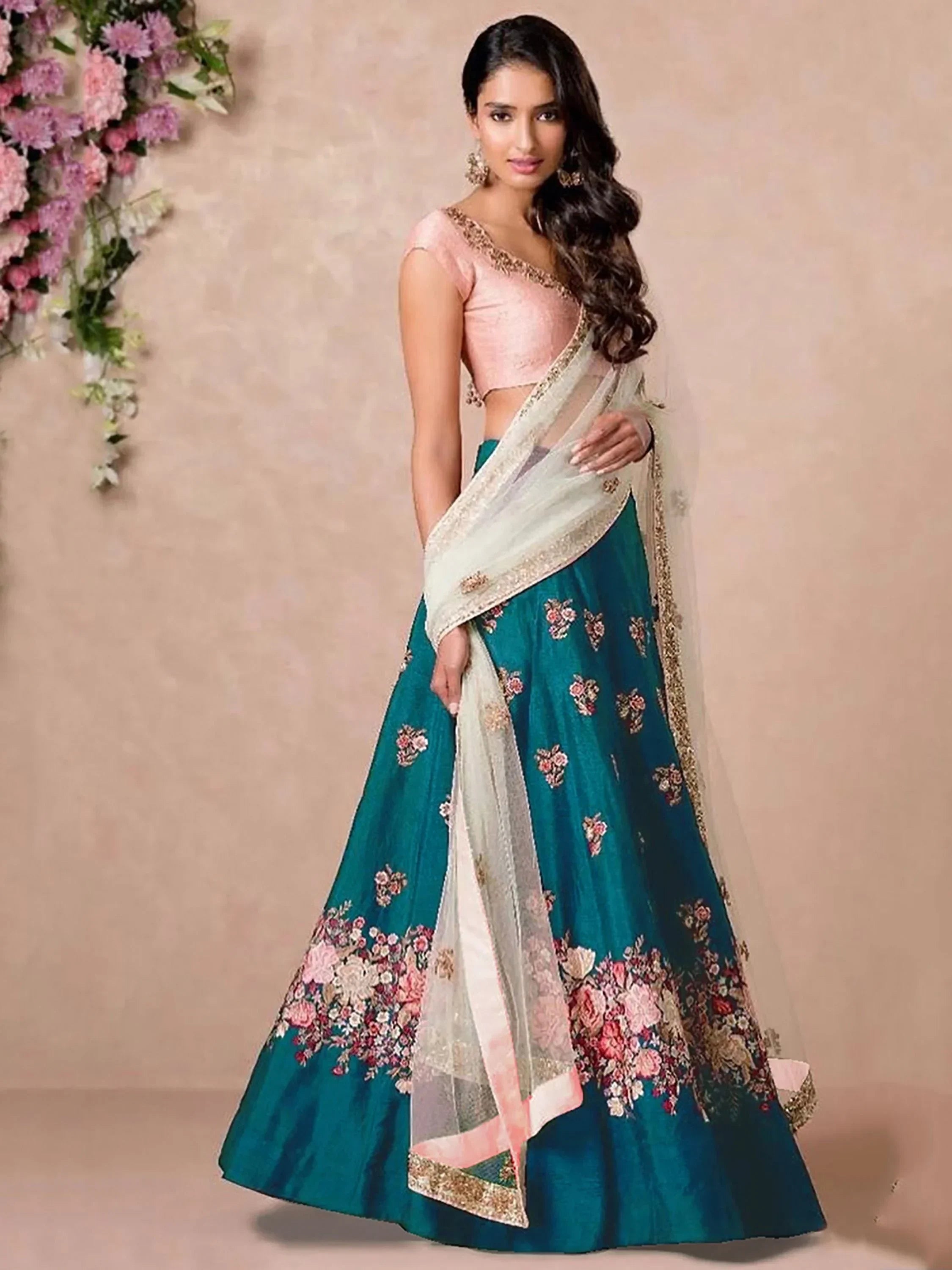 Teal & Coloured Embroidered Semi-Stitched Myntra Lehenga & Unstitched Blouse with Dupatta