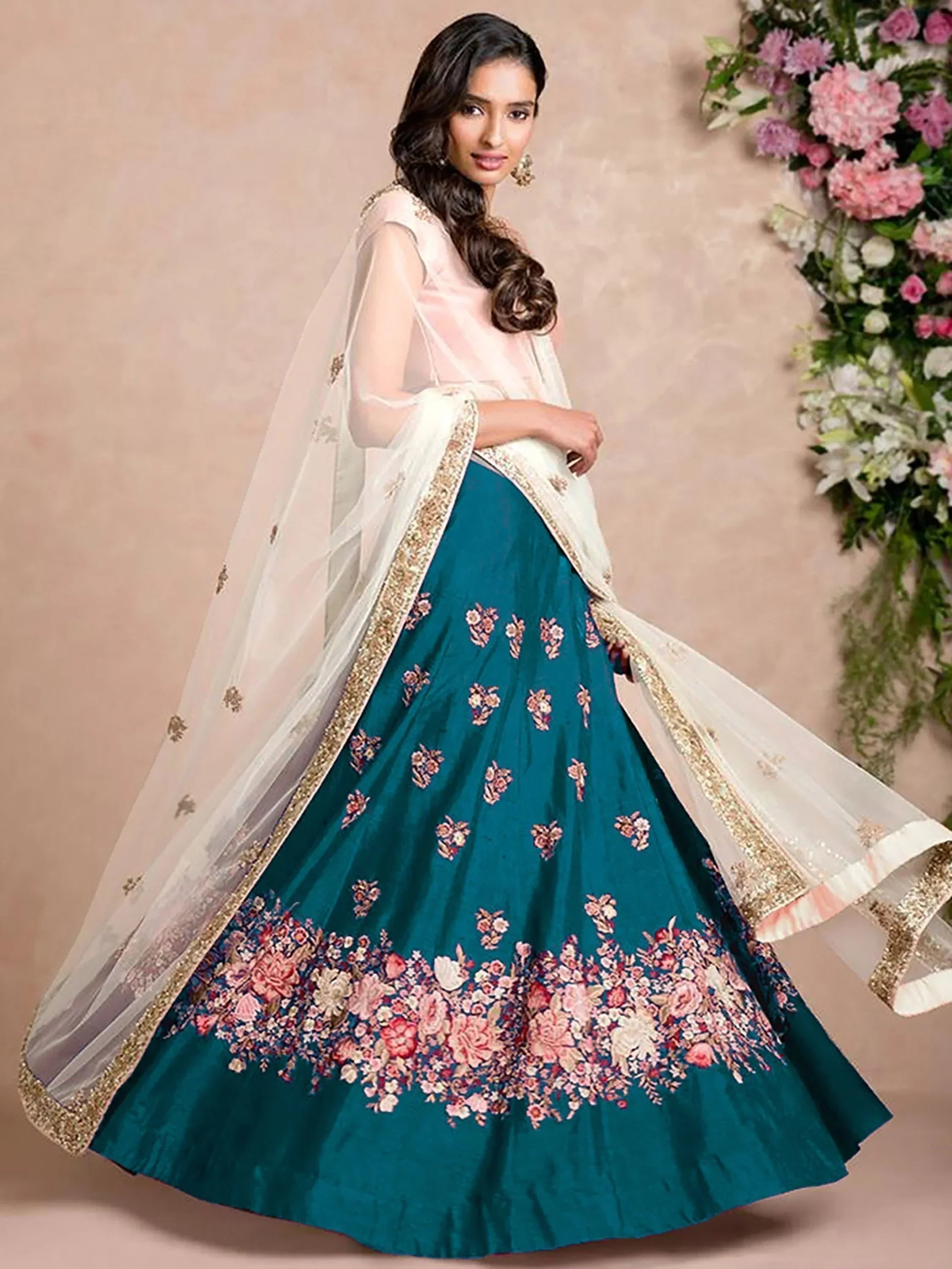 Teal & Coloured Embroidered Semi-Stitched Myntra Lehenga & Unstitched Blouse with Dupatta