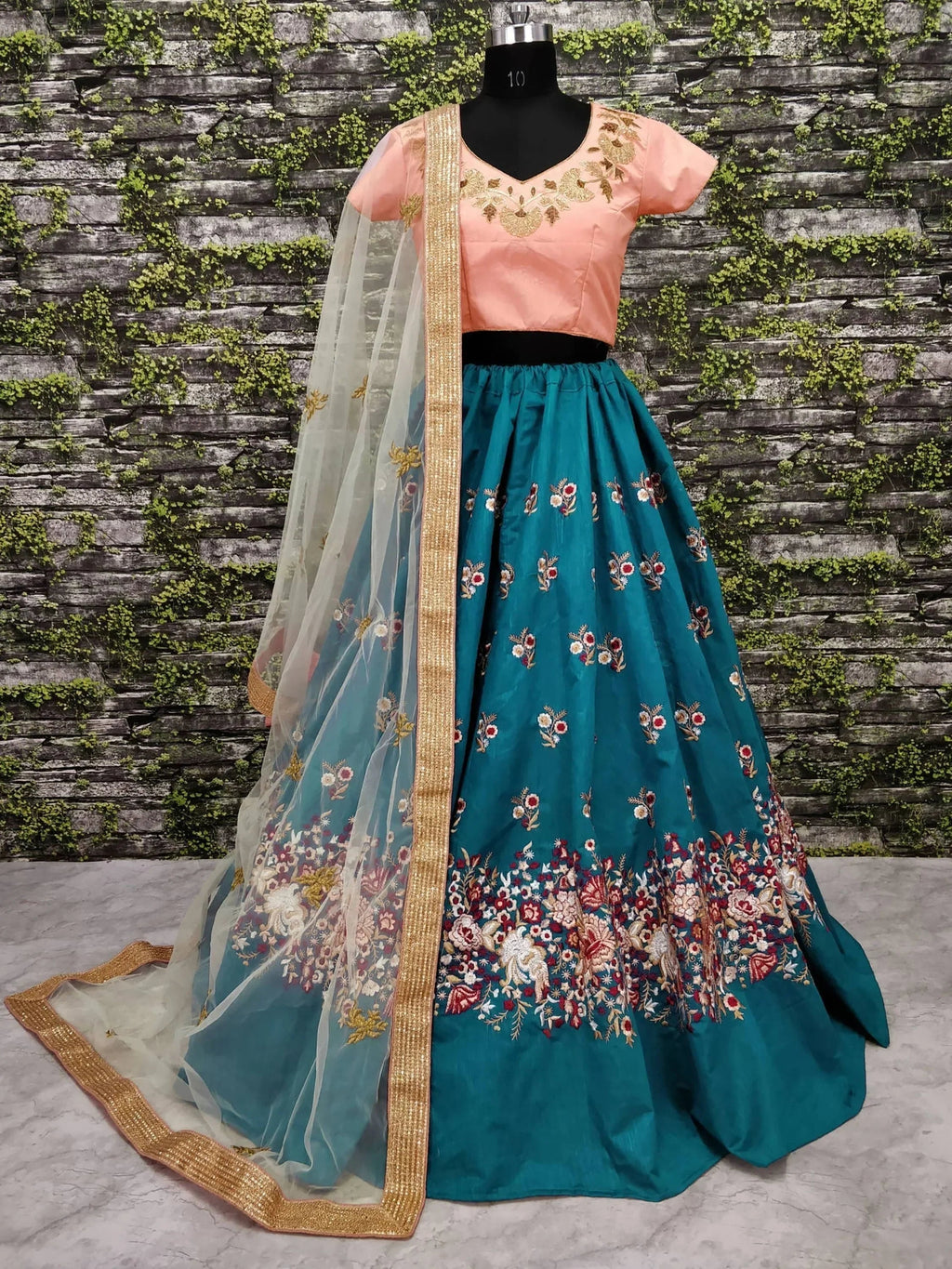 Teal & Coloured Embroidered Semi-Stitched Myntra Lehenga & Unstitched Blouse with Dupatta
