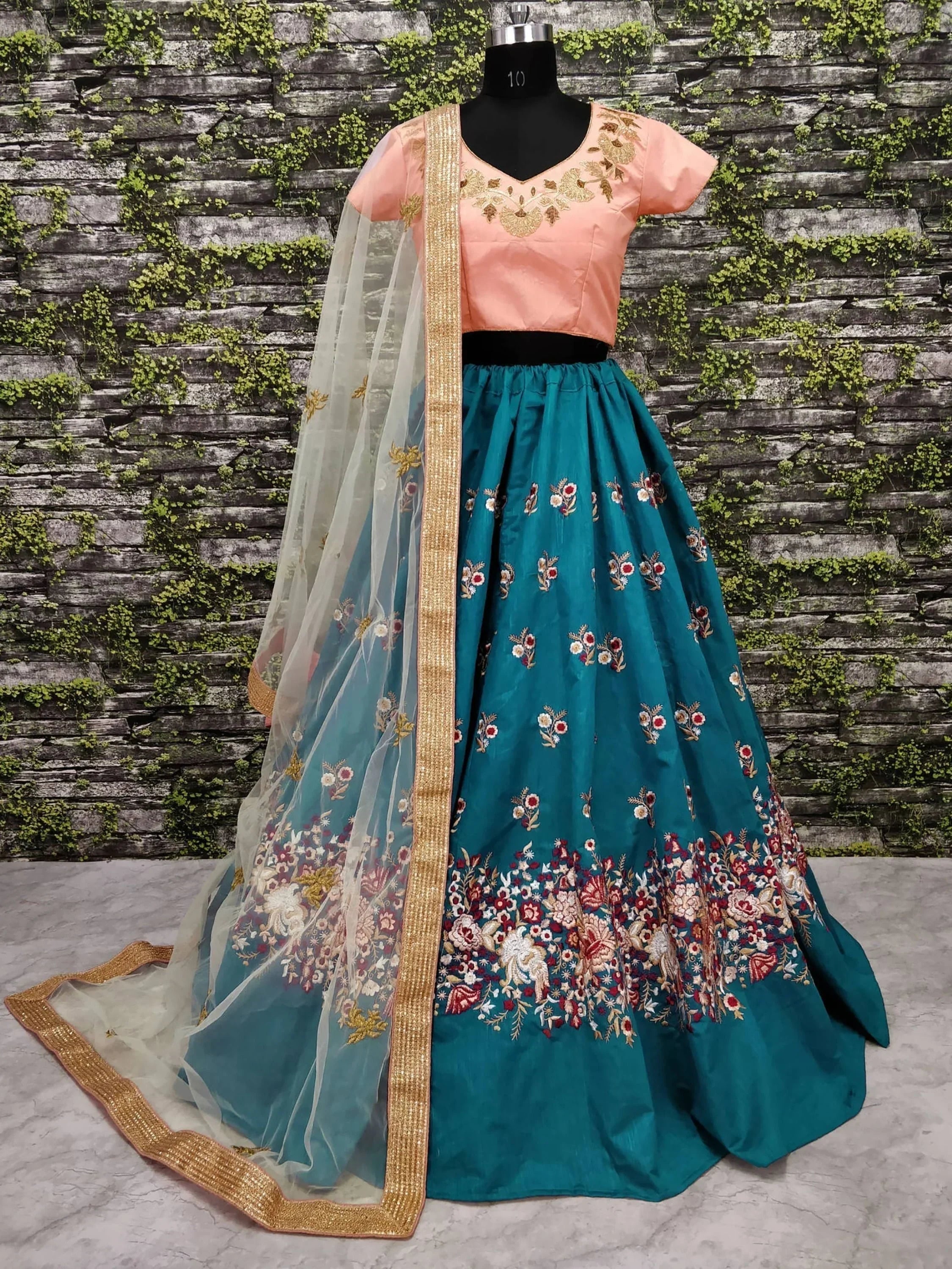 Teal & Coloured Embroidered Semi-Stitched Myntra Lehenga & Unstitched Blouse with Dupatta