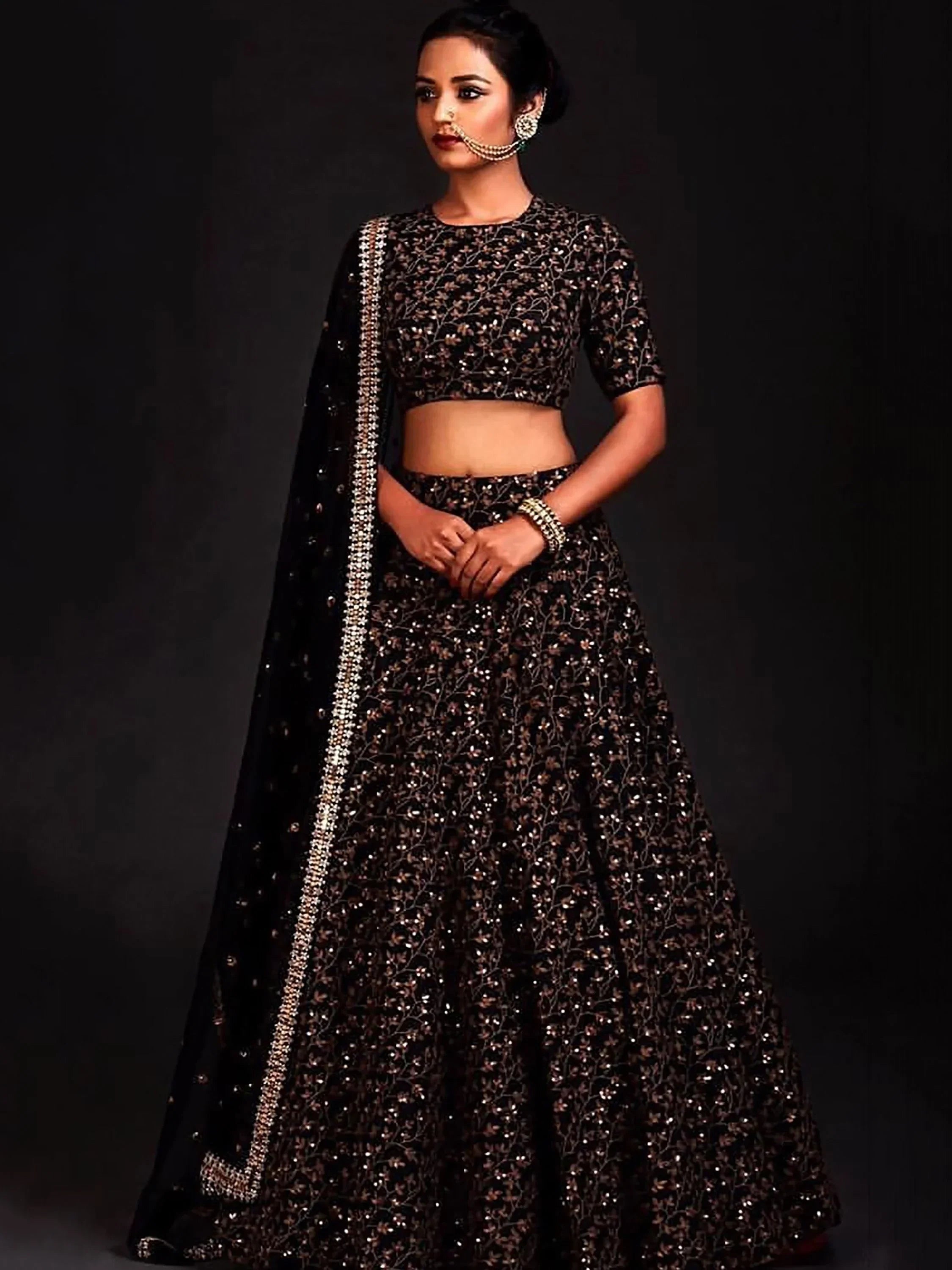 Black & Golden Semi-Stitched Myntra Bridal Lehenga & Unstitched Blouse with Dupatta