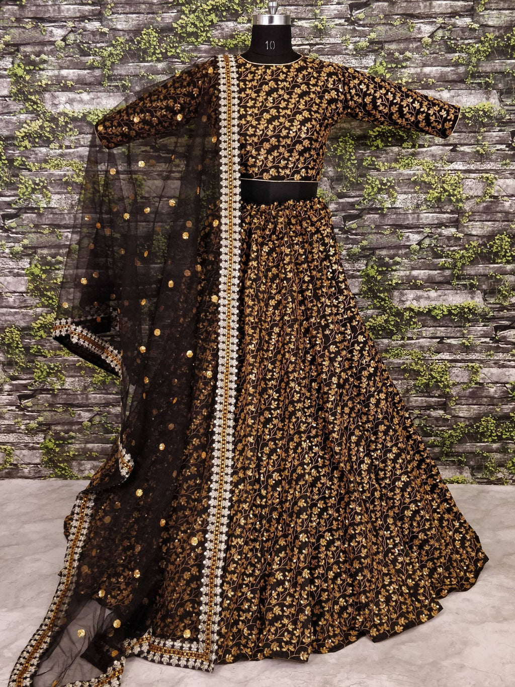 Black & Golden Semi-Stitched Myntra Bridal Lehenga & Unstitched Blouse with Dupatta