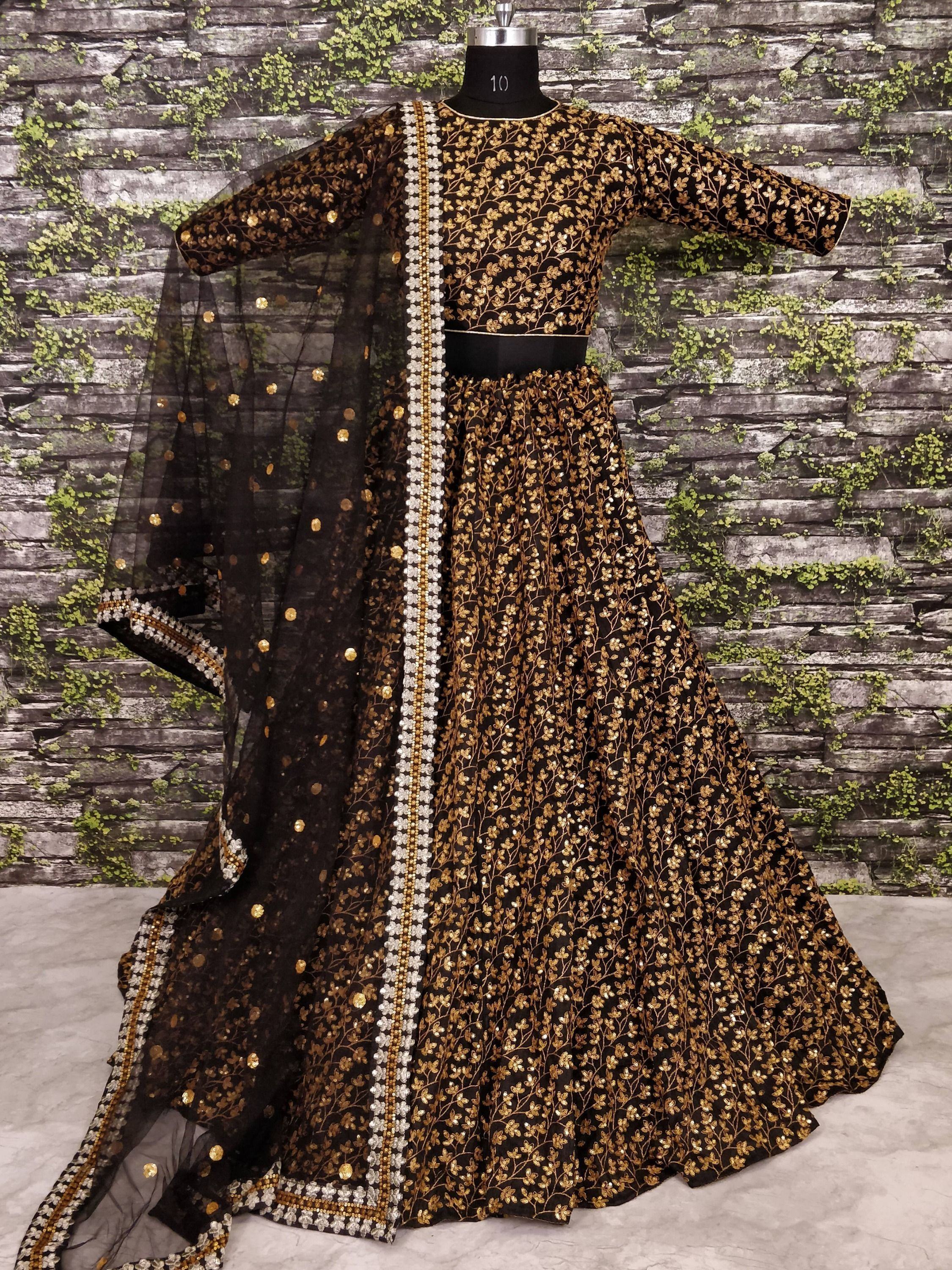 Black & Golden Semi-Stitched Myntra Bridal Lehenga & Unstitched Blouse with Dupatta