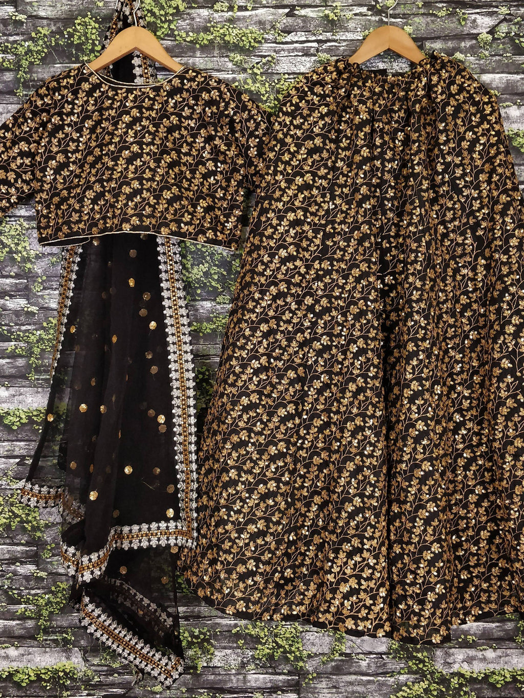 Black & Golden Semi-Stitched Myntra Bridal Lehenga & Unstitched Blouse with Dupatta