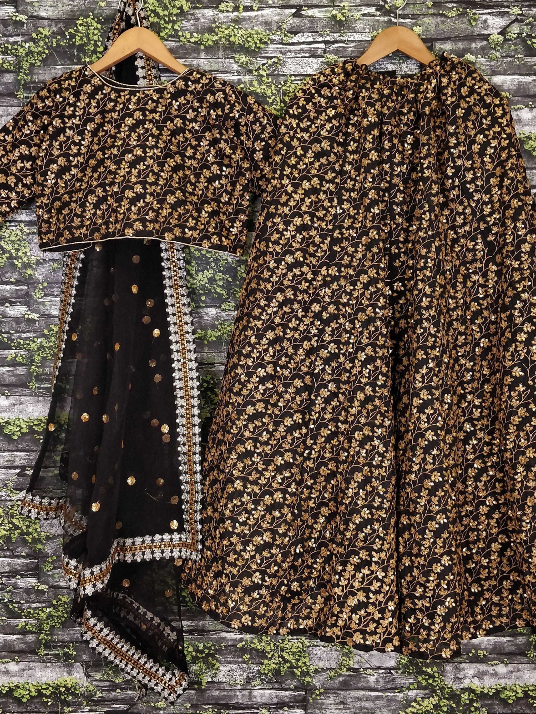 Black & Golden Semi-Stitched Myntra Bridal Lehenga & Unstitched Blouse with Dupatta