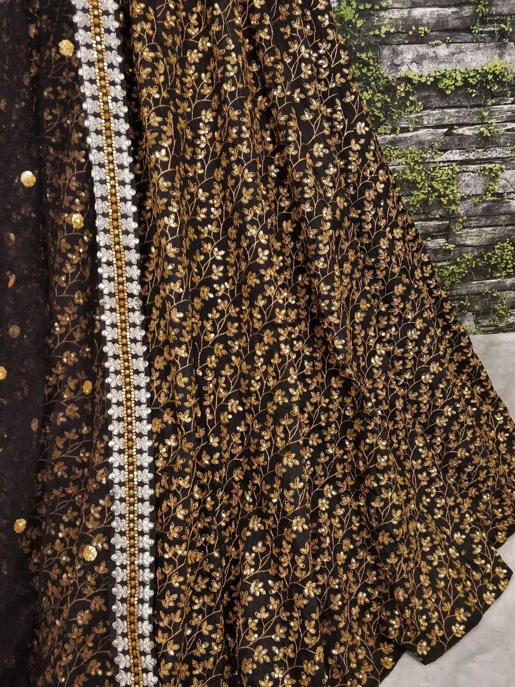 Black & Golden Semi-Stitched Myntra Bridal Lehenga & Unstitched Blouse with Dupatta