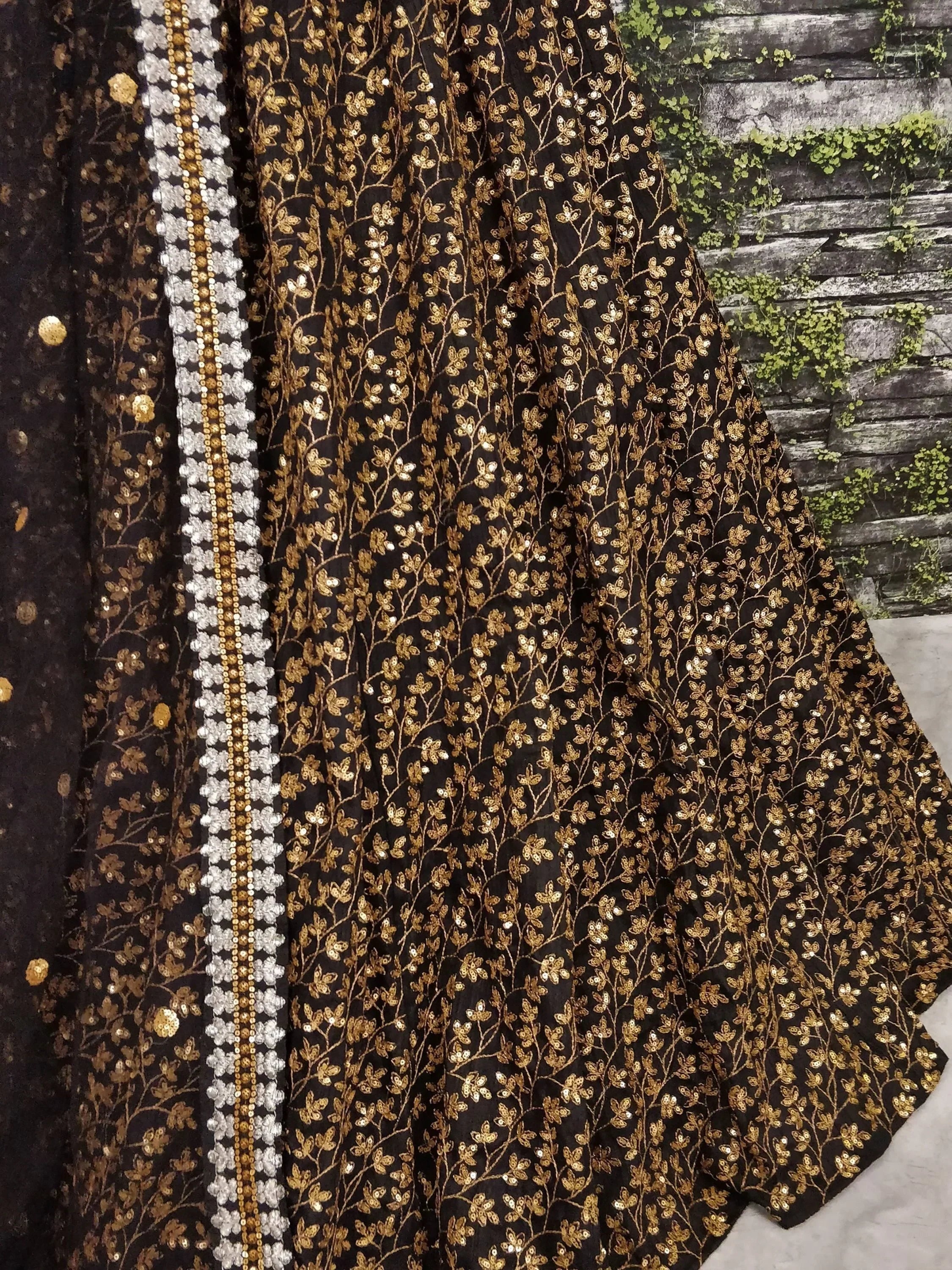 Black & Golden Semi-Stitched Myntra Bridal Lehenga & Unstitched Blouse with Dupatta