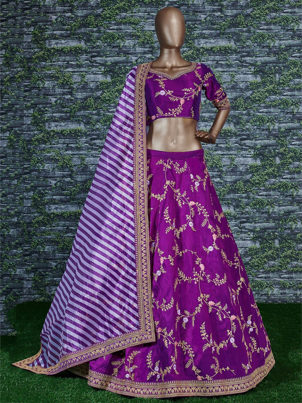 Purple Embroidery Mulberry Silk Wedding Lehenga Choli