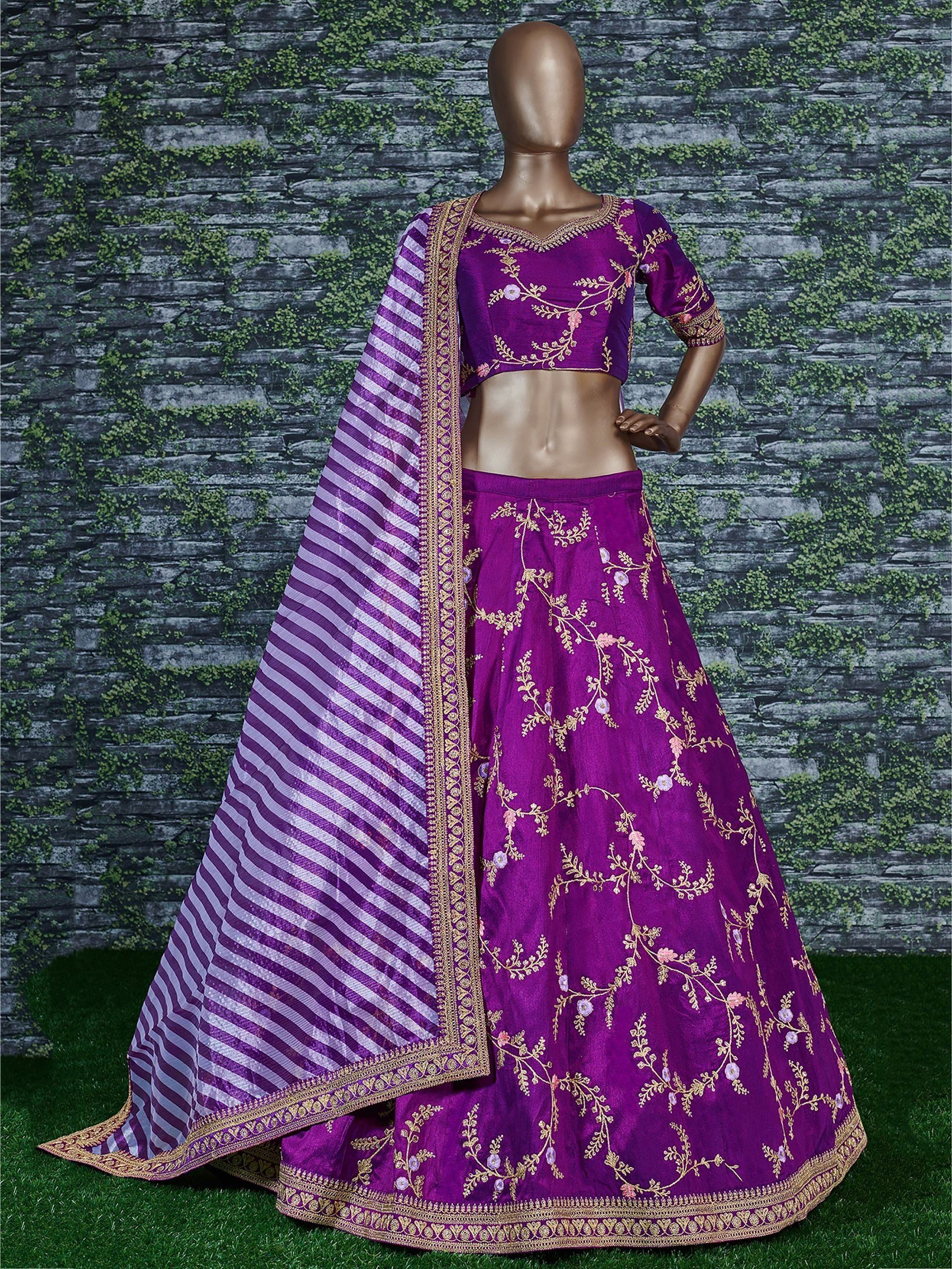 Purple Embroidery Mulberry Silk Wedding Lehenga Choli