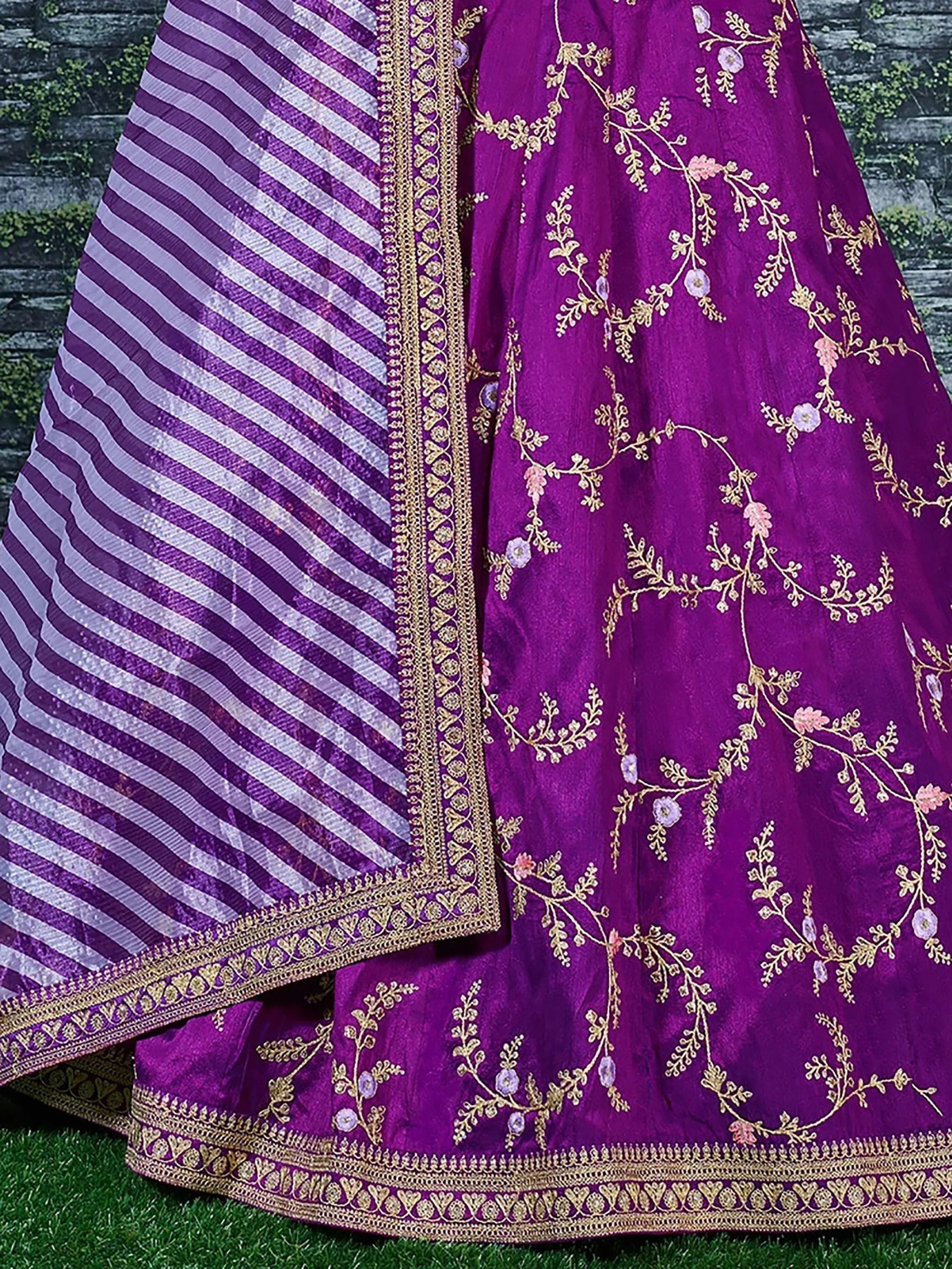 Purple Embroidery Mulberry Silk Wedding Lehenga Choli