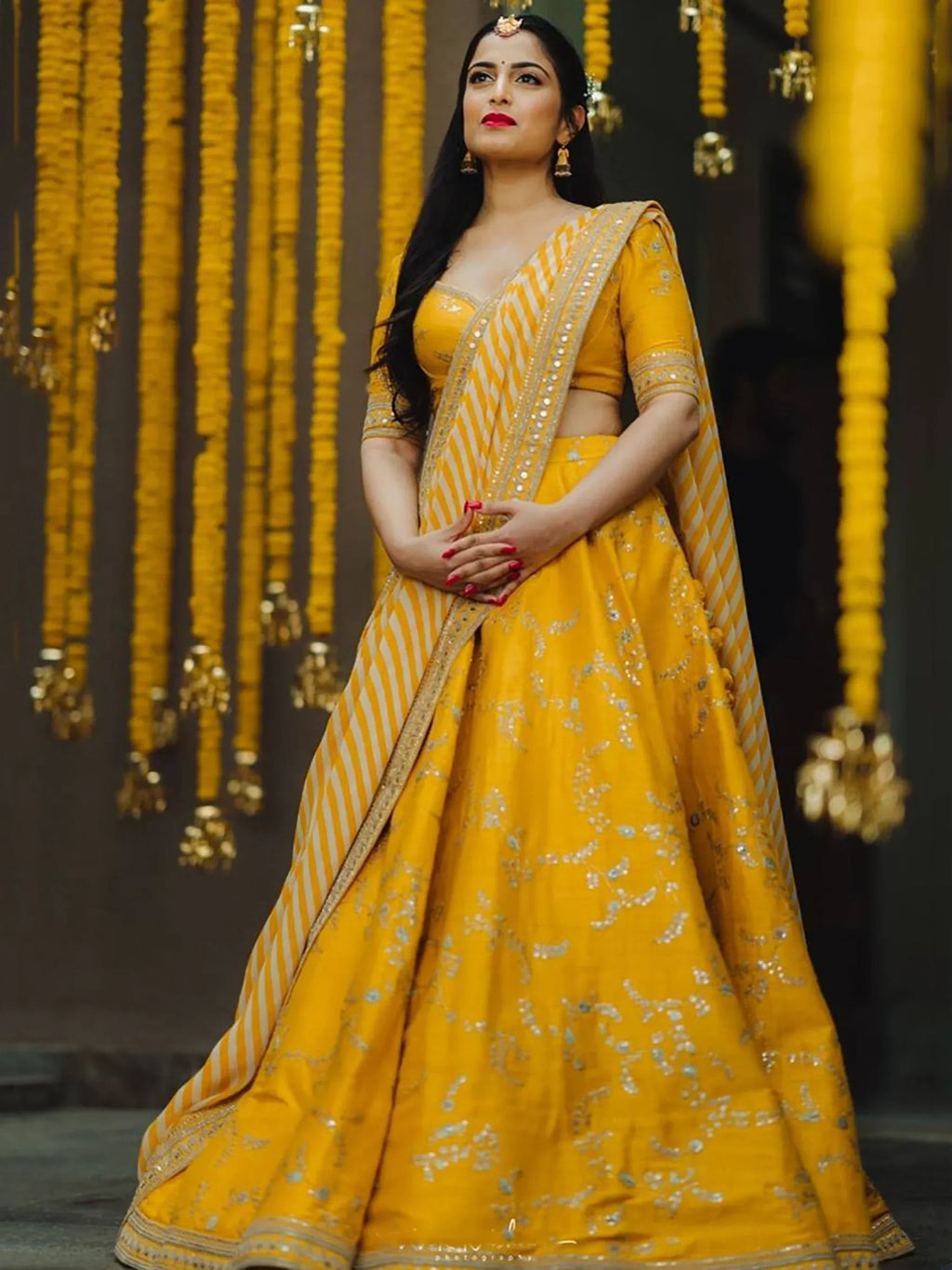 Yellow Semi-Stitched Myntra Lehenga & Unstitched Blouse with Dupatta