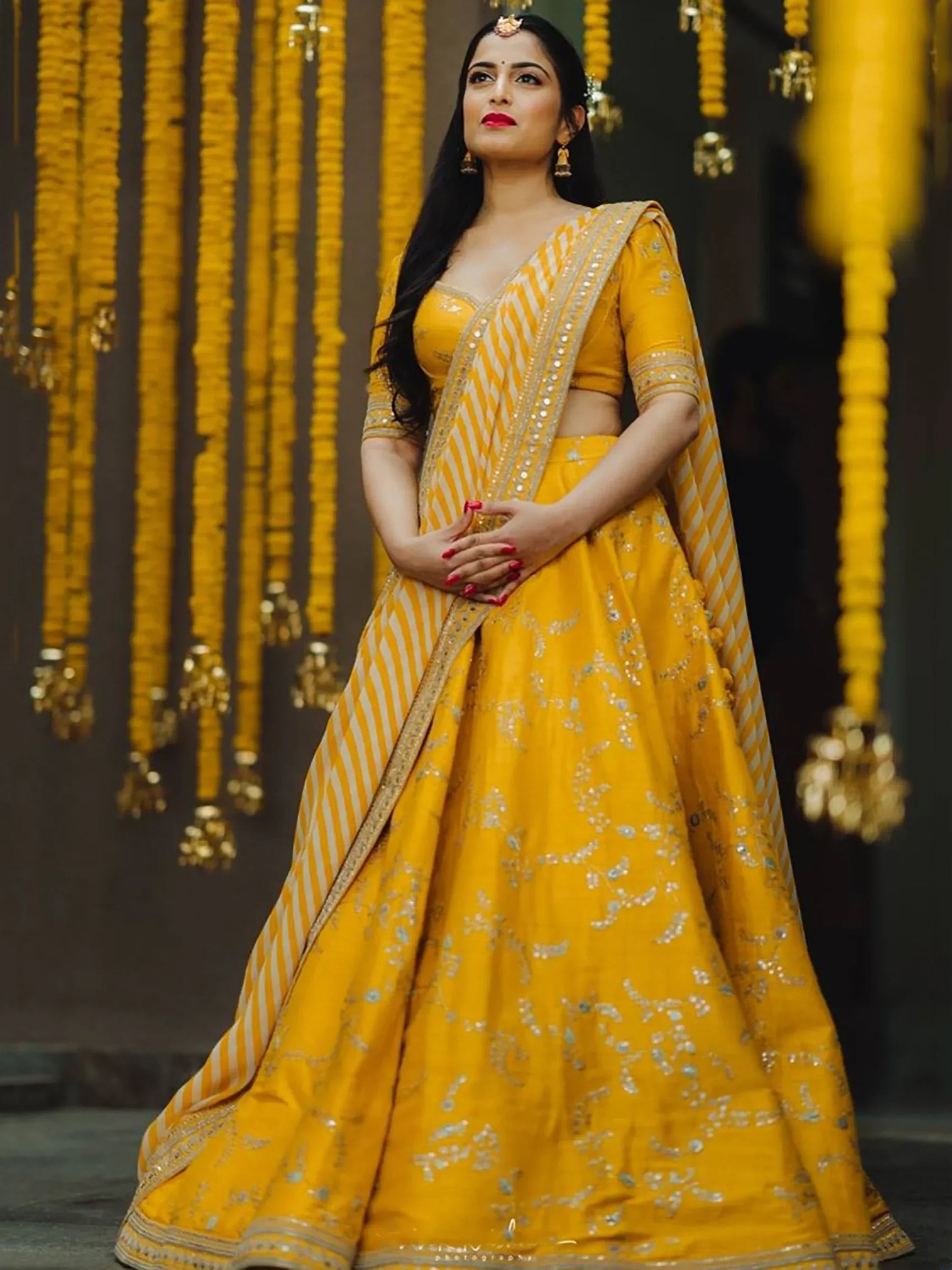 Yellow Semi-Stitched Myntra Lehenga & Unstitched Blouse with Dupatta