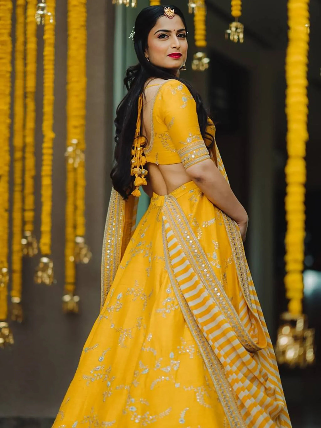 Yellow Semi-Stitched Myntra Lehenga & Unstitched Blouse with Dupatta
