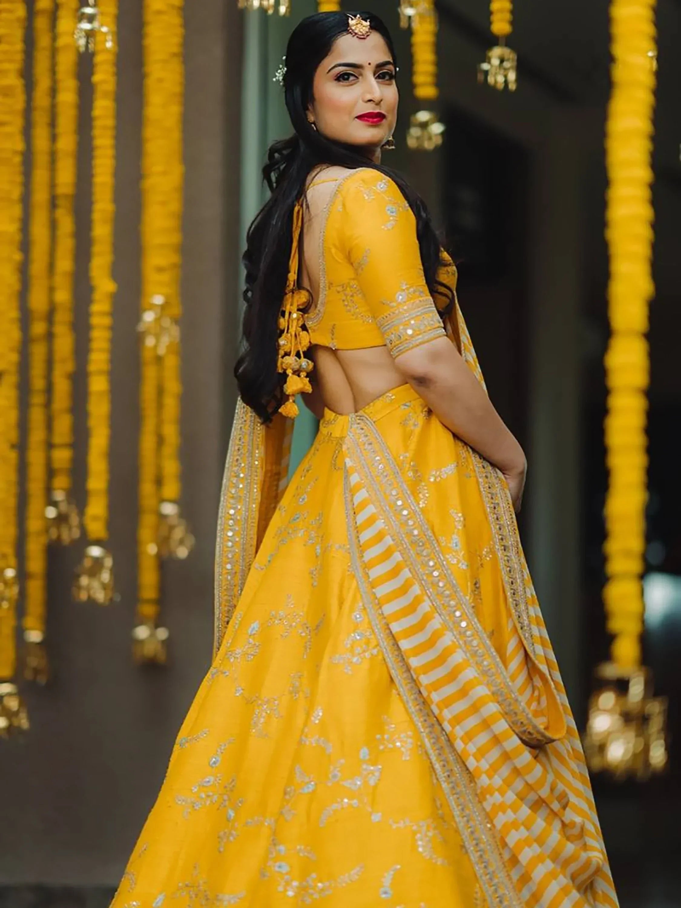 Yellow Semi-Stitched Myntra Lehenga & Unstitched Blouse with Dupatta