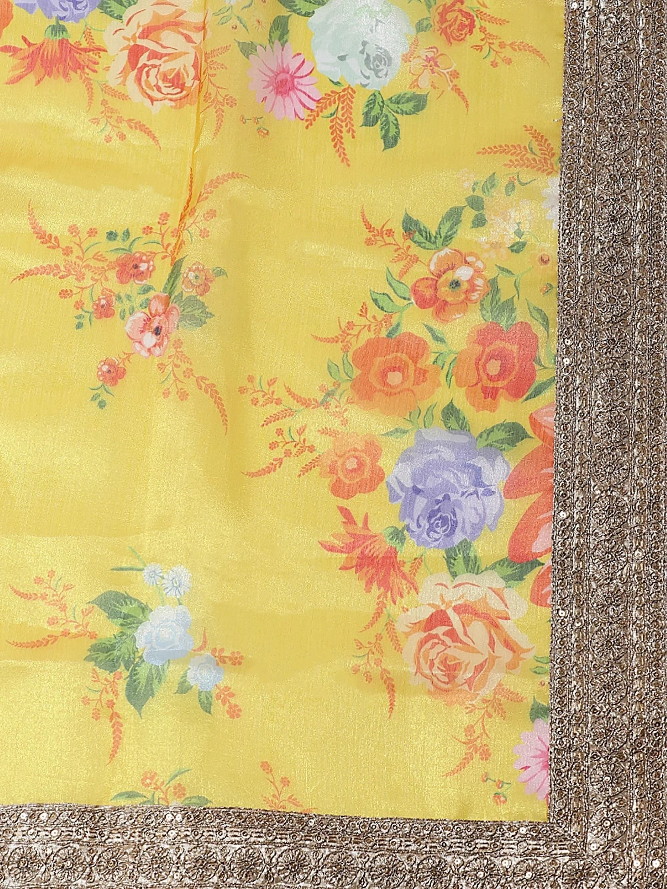Yellow Floral Digital Printed Organza Bridal Lehenga Choli