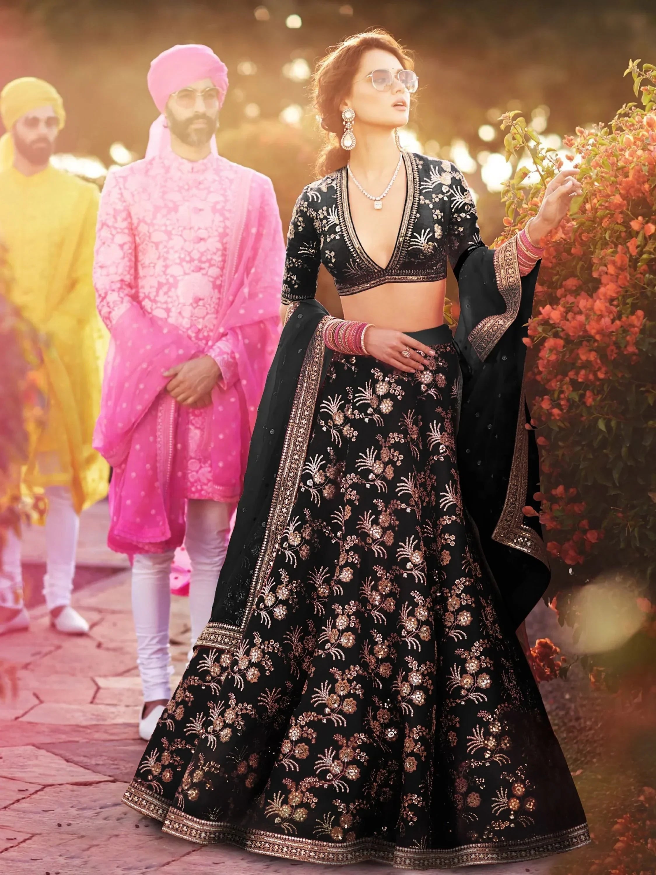 Black & Toned Embroidered Semi-Stitched Myntra Party Wear Lehenga & Unstitched Blouse with Dupatta