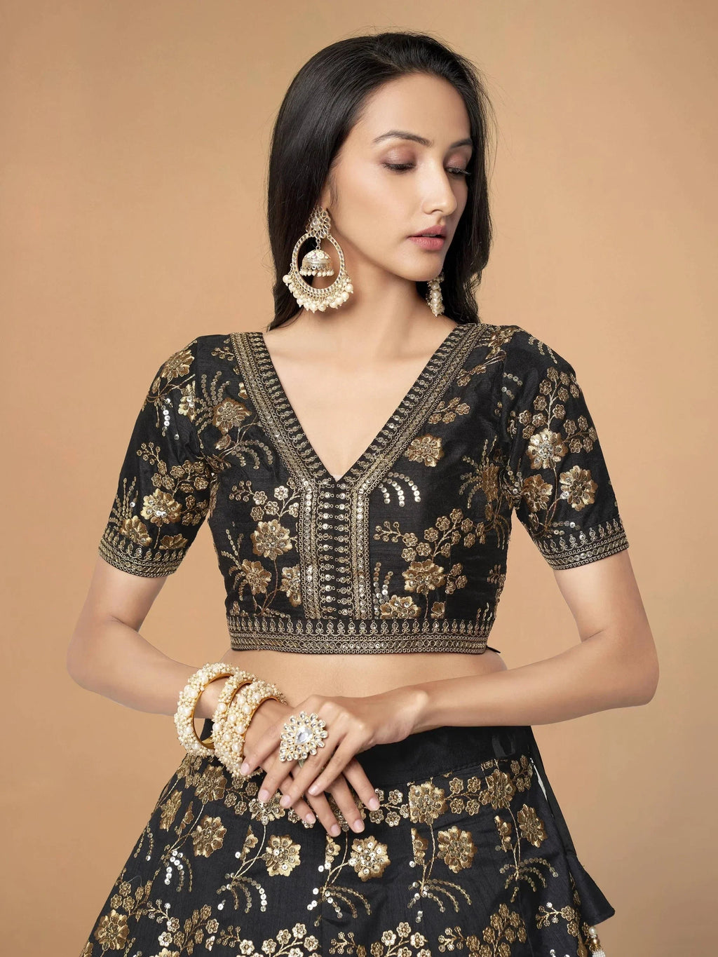 Black & Toned Embroidered Semi-Stitched Myntra Party Wear Lehenga & Unstitched Blouse with Dupatta