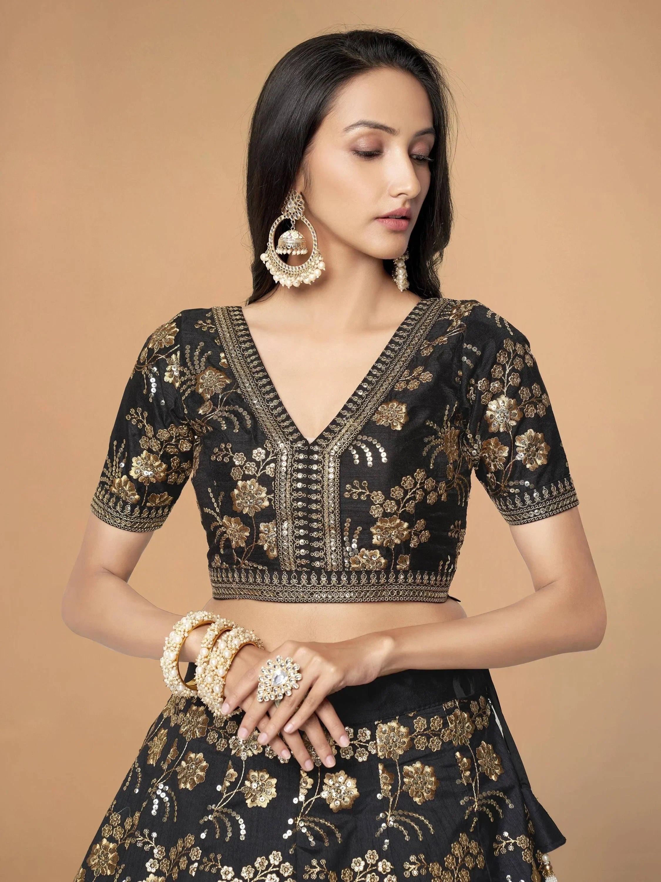 Black & Toned Embroidered Semi-Stitched Myntra Party Wear Lehenga & Unstitched Blouse with Dupatta