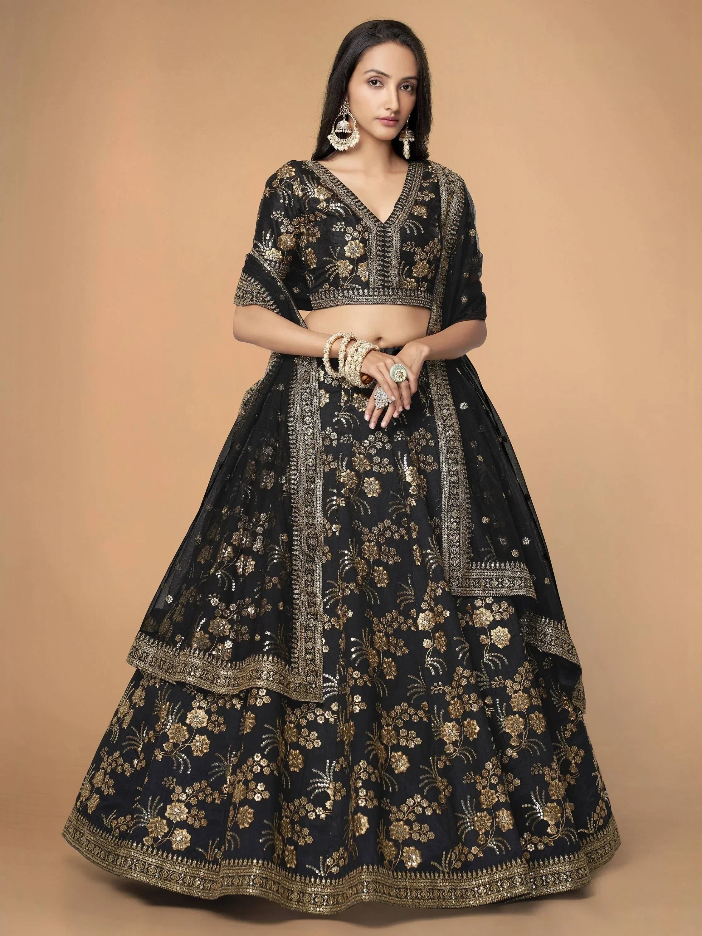 Black & Toned Embroidered Semi-Stitched Myntra Party Wear Lehenga & Unstitched Blouse with Dupatta