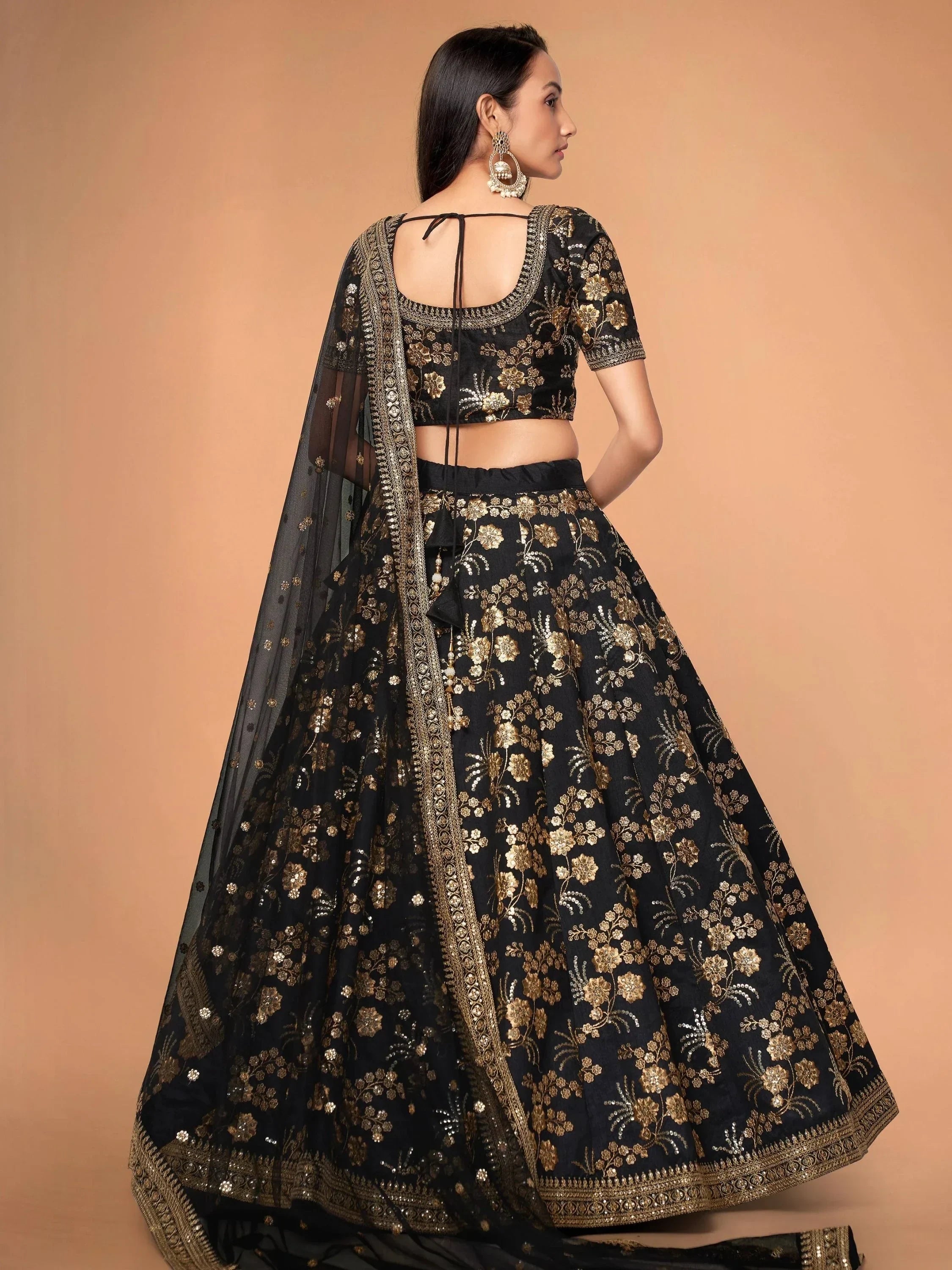 Black & Toned Embroidered Semi-Stitched Myntra Party Wear Lehenga & Unstitched Blouse with Dupatta
