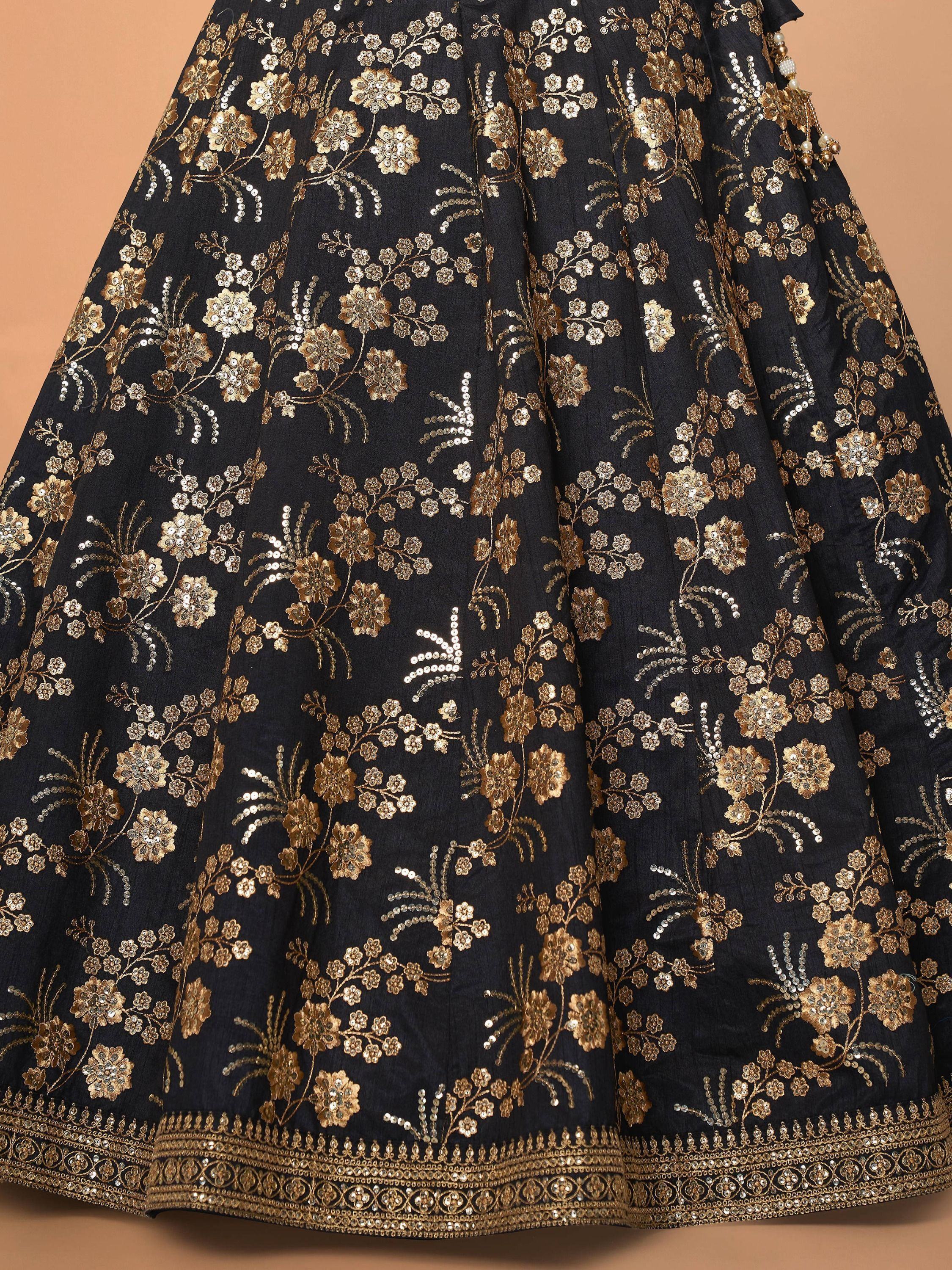 Black & Toned Embroidered Semi-Stitched Myntra Party Wear Lehenga & Unstitched Blouse with Dupatta