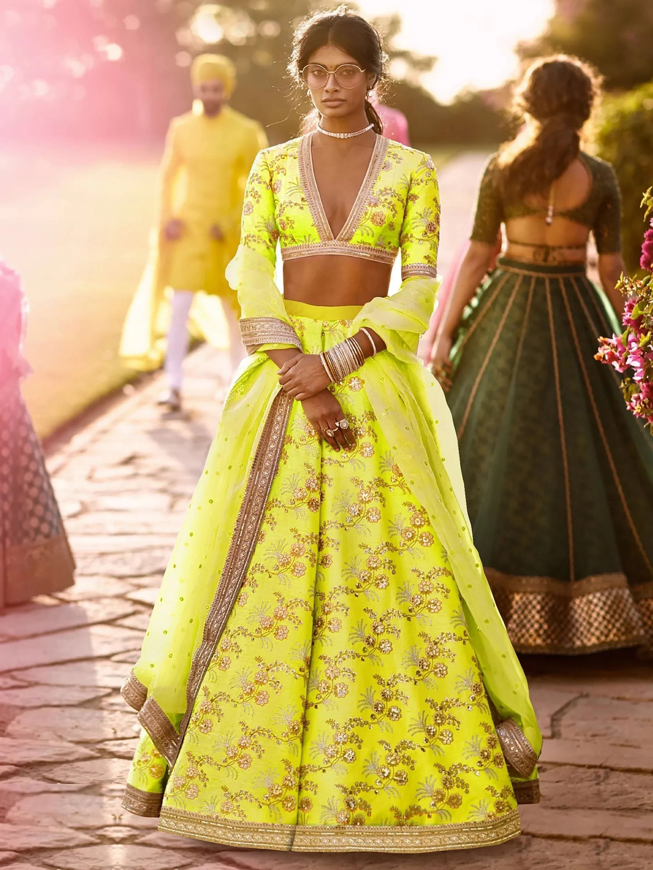 Neon & Toned Embroidered Semi-Stitched Myntra Party Wear Lehenga & Unstitched Blouse with Dupatta