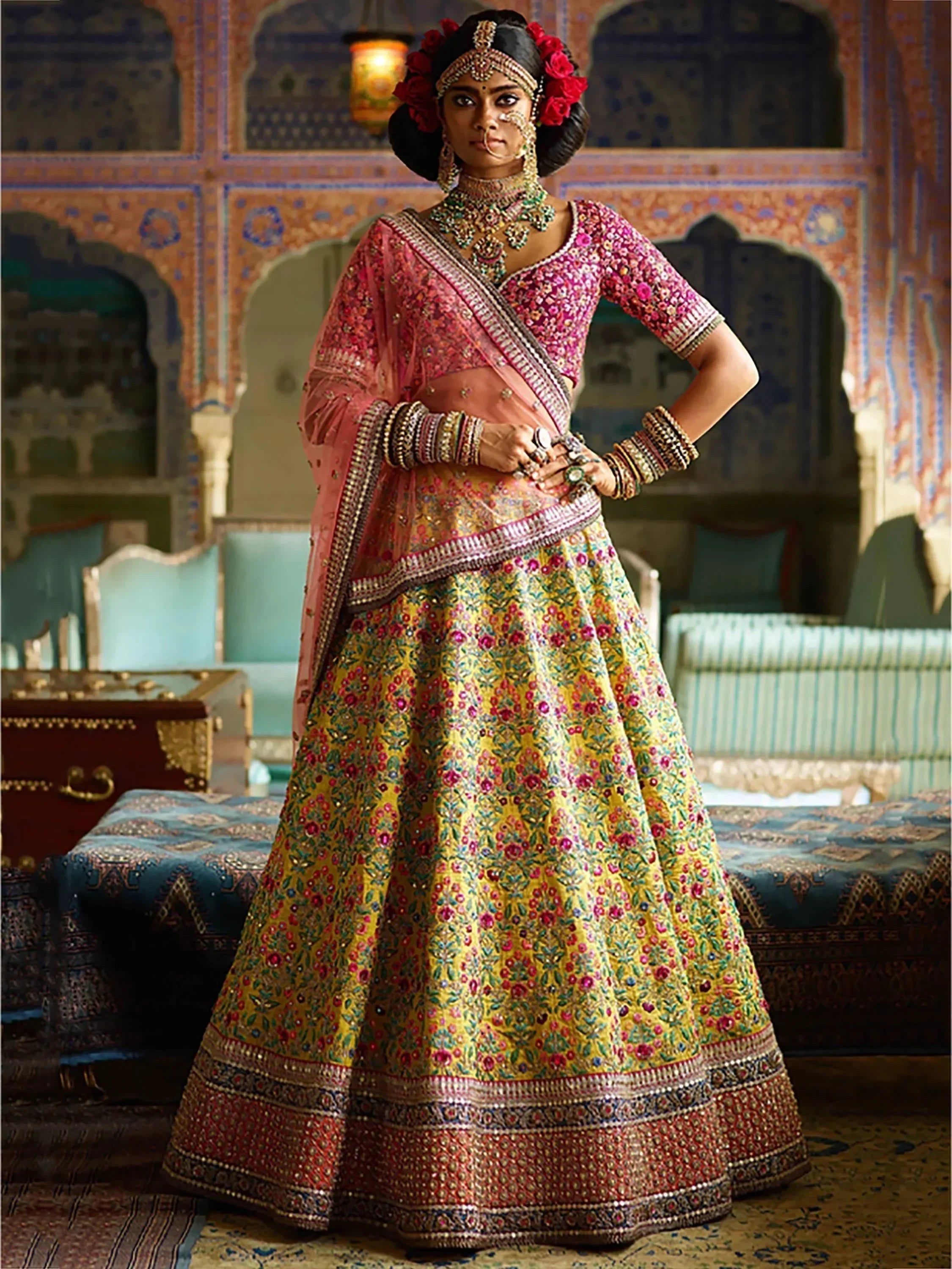 Yellow Heavy Embroidered Silk Wedding Lehenga Choli