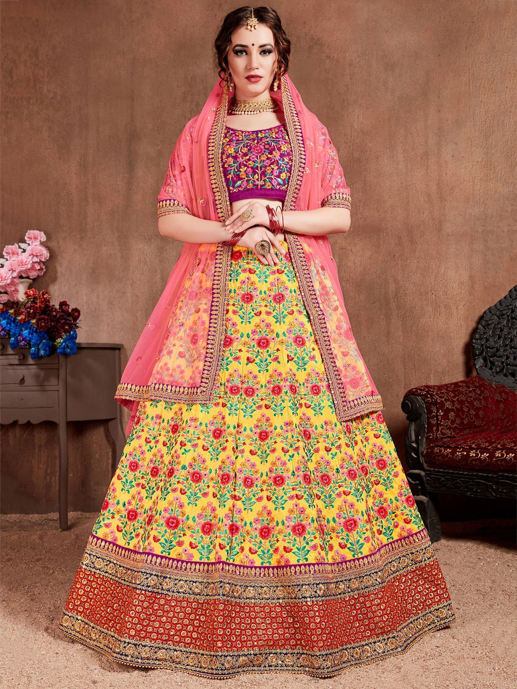 Yellow Heavy Embroidered Silk Wedding Lehenga Choli