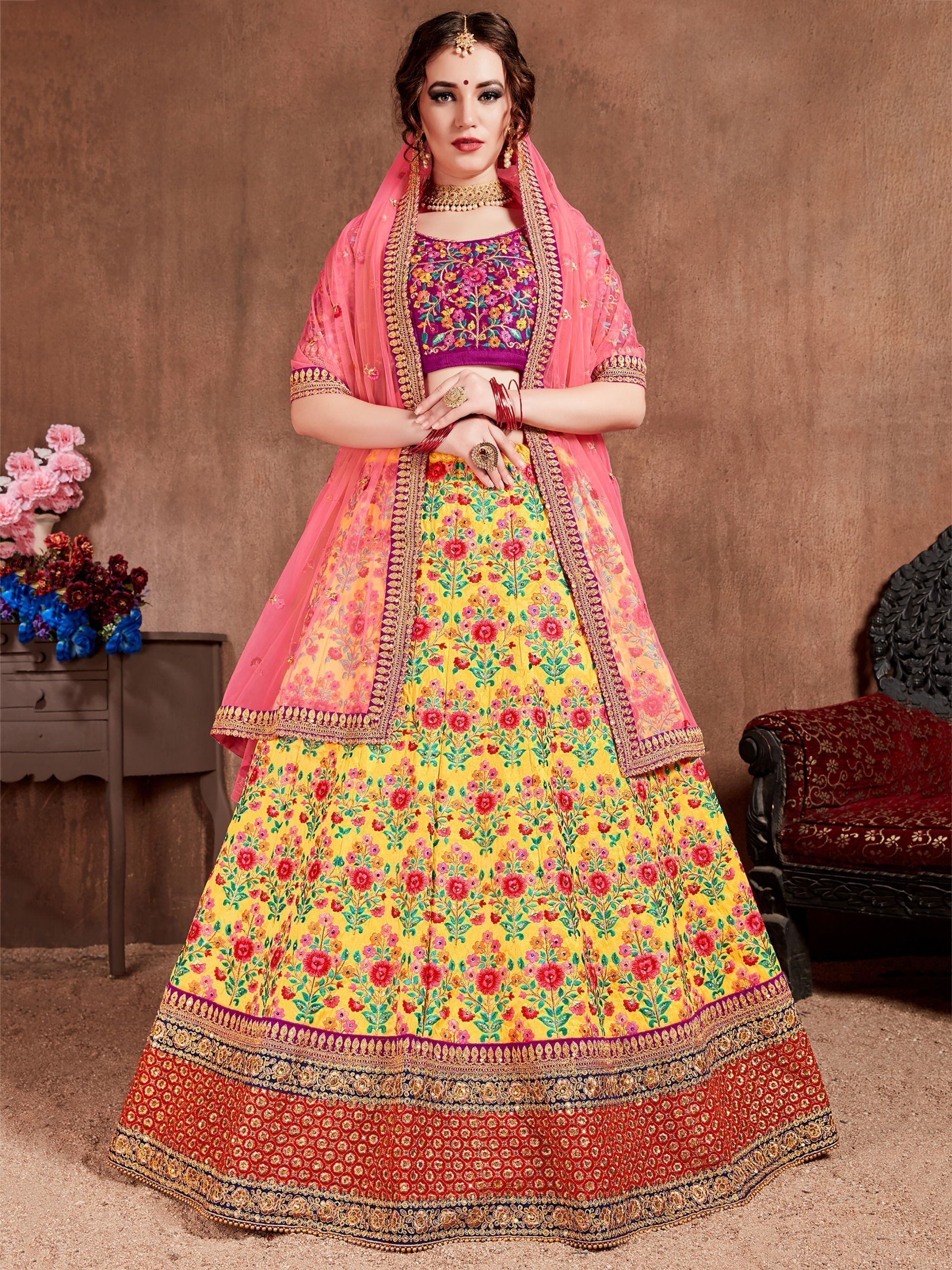 Yellow Heavy Embroidered Silk Wedding Lehenga Choli