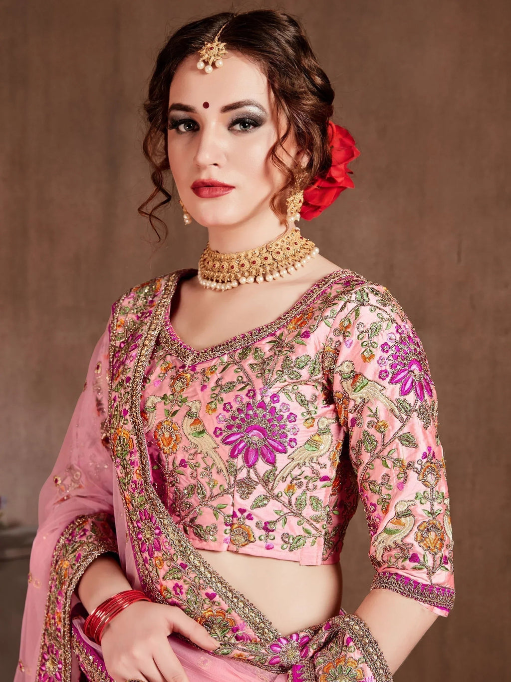 Peach Embroidered Taffeta Silk Bridal Wear Lehenga Choli