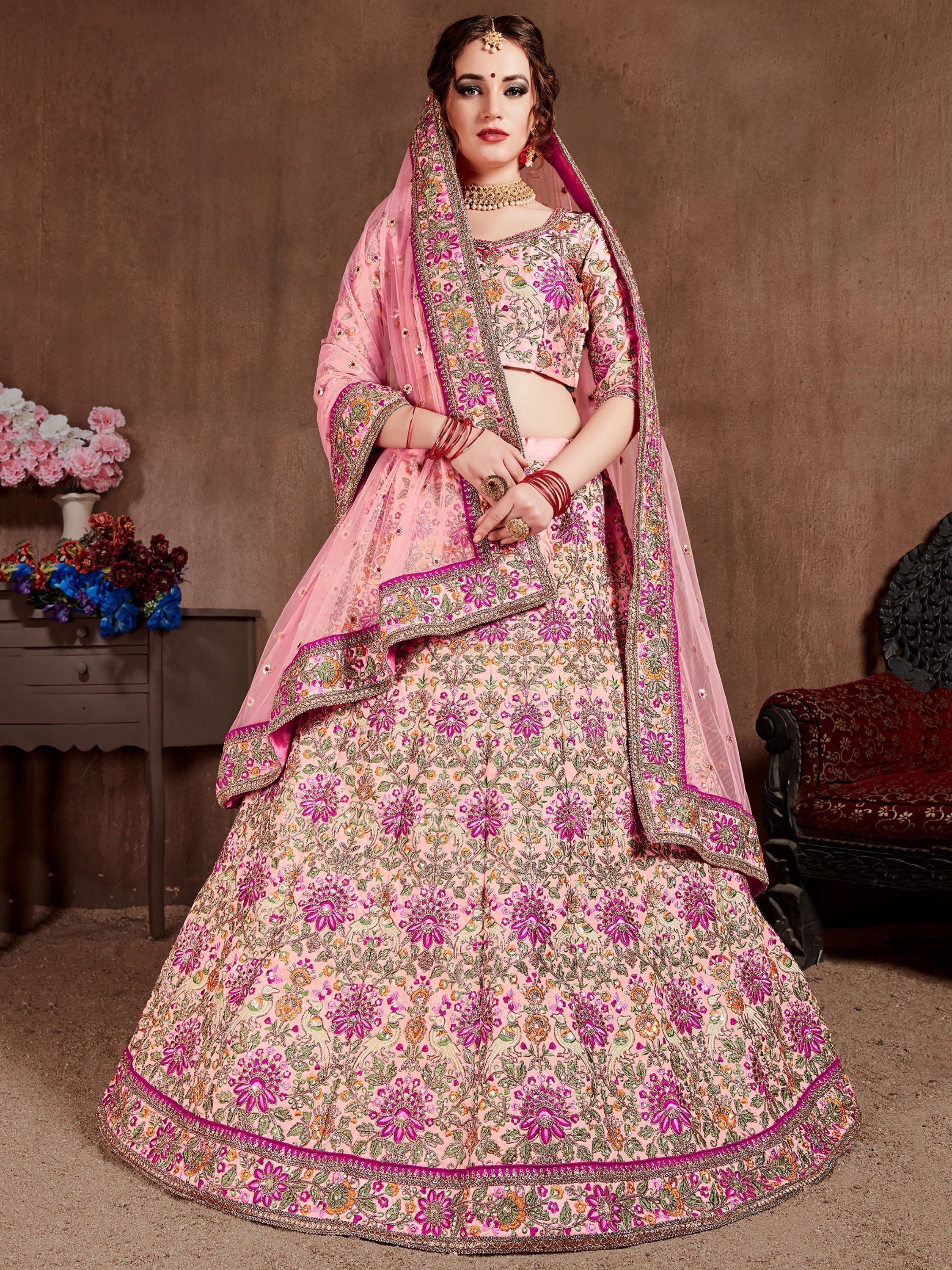 Peach Embroidered Taffeta Silk Bridal Wear Lehenga Choli