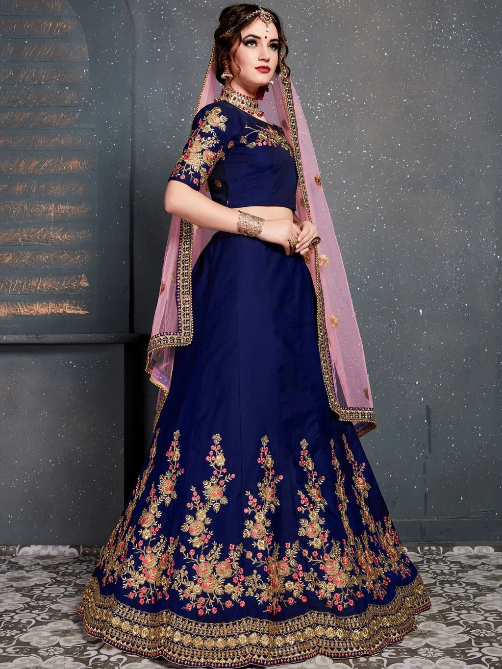 Navy Blue Embroidered Taffeta Silk Bridal Lehenga Choli With Dupatta