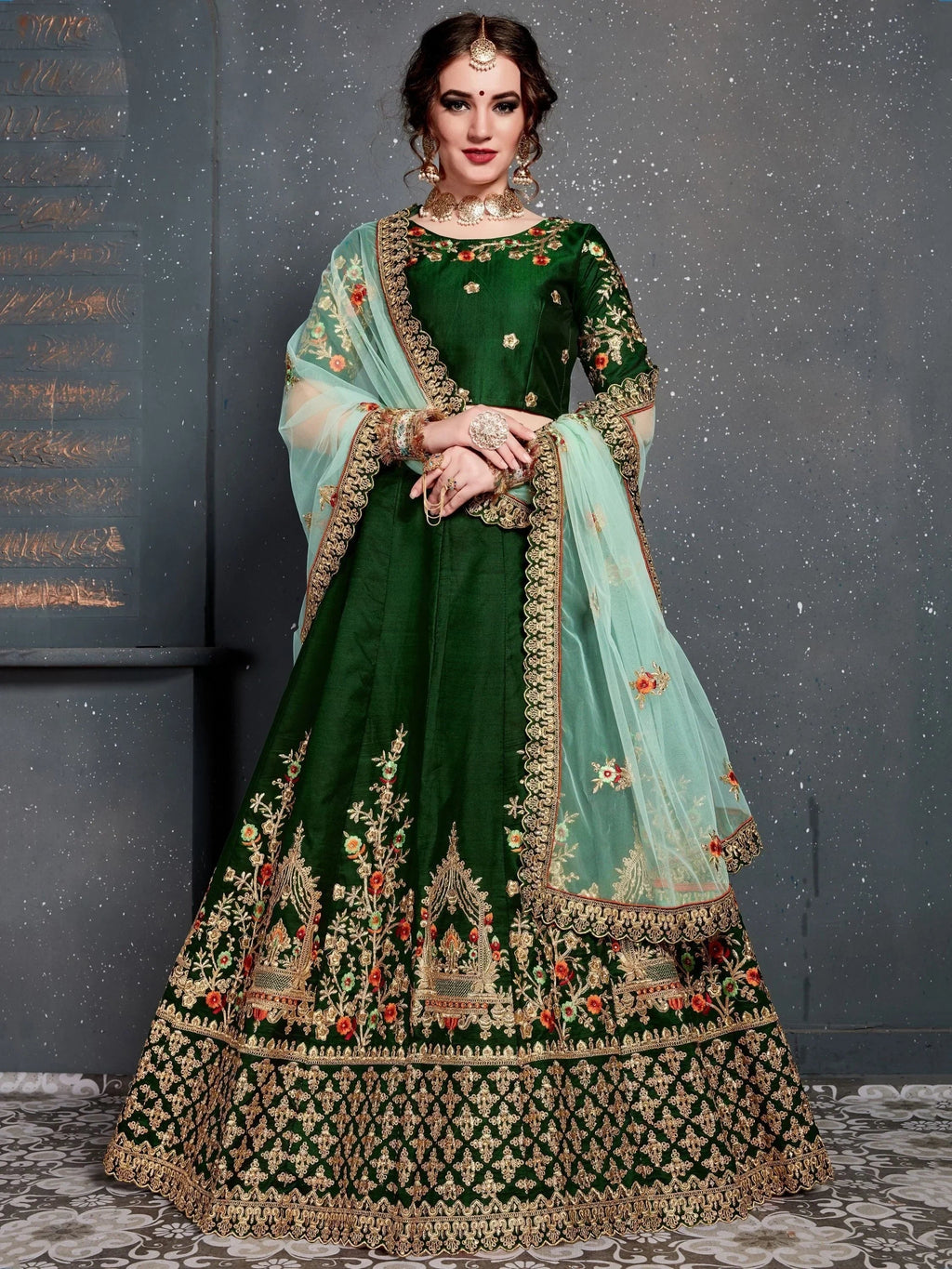 Bottle Green Bottle Embroidered Silk Bridal Lehenga Choli
