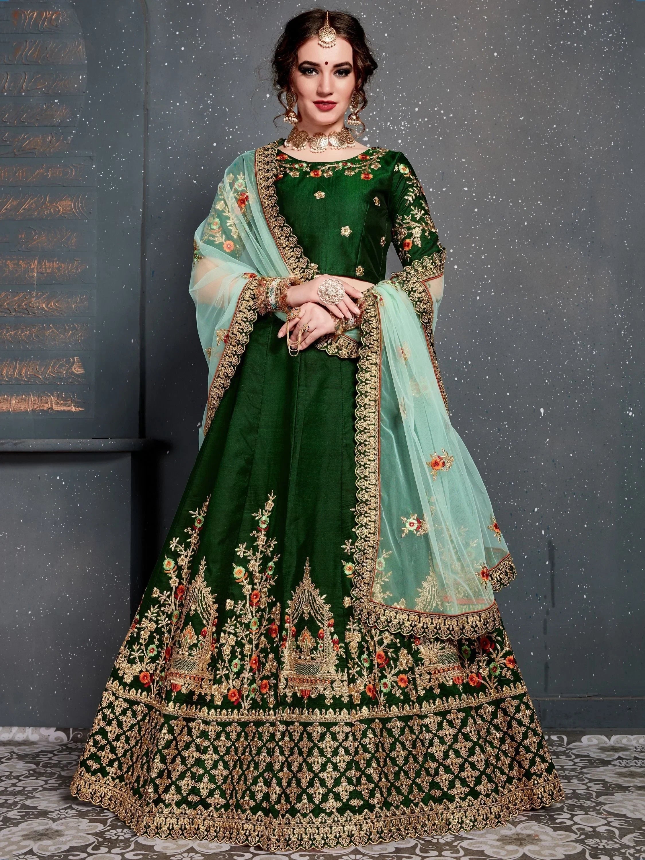 Bottle Green Bottle Embroidered Silk Bridal Lehenga Choli